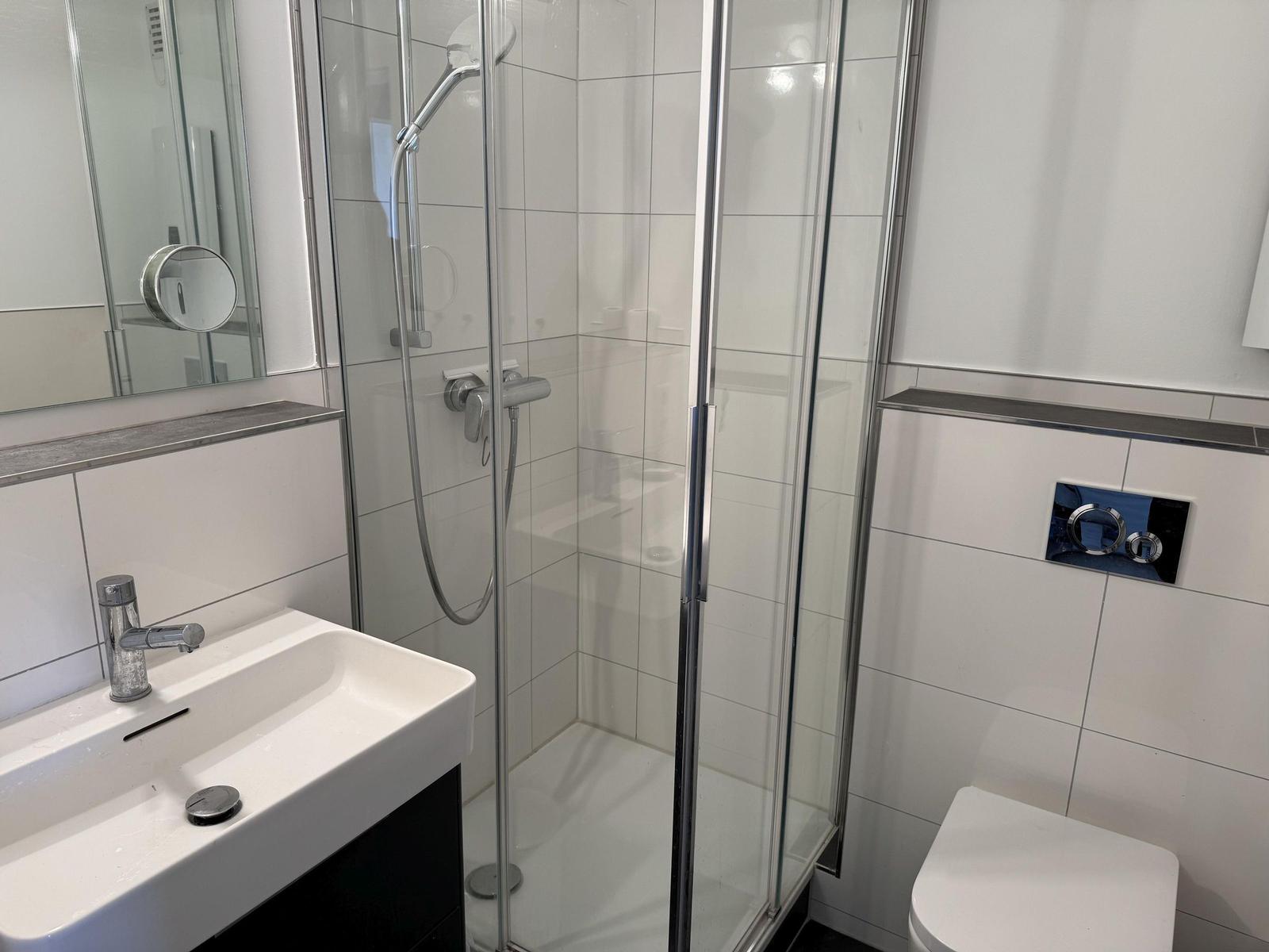 Bathroom with shower, sink, and toilet.