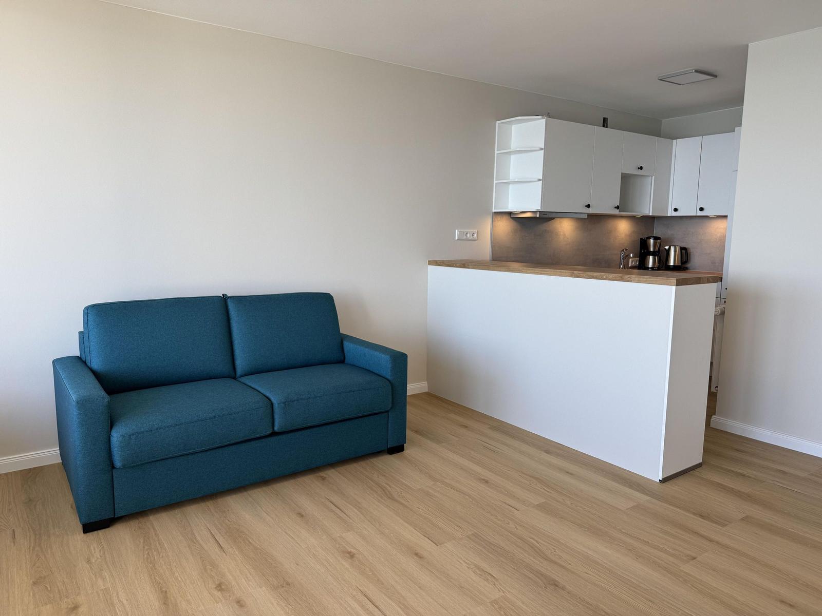 Living room with blue sofa and kitchen area with white cabinets.