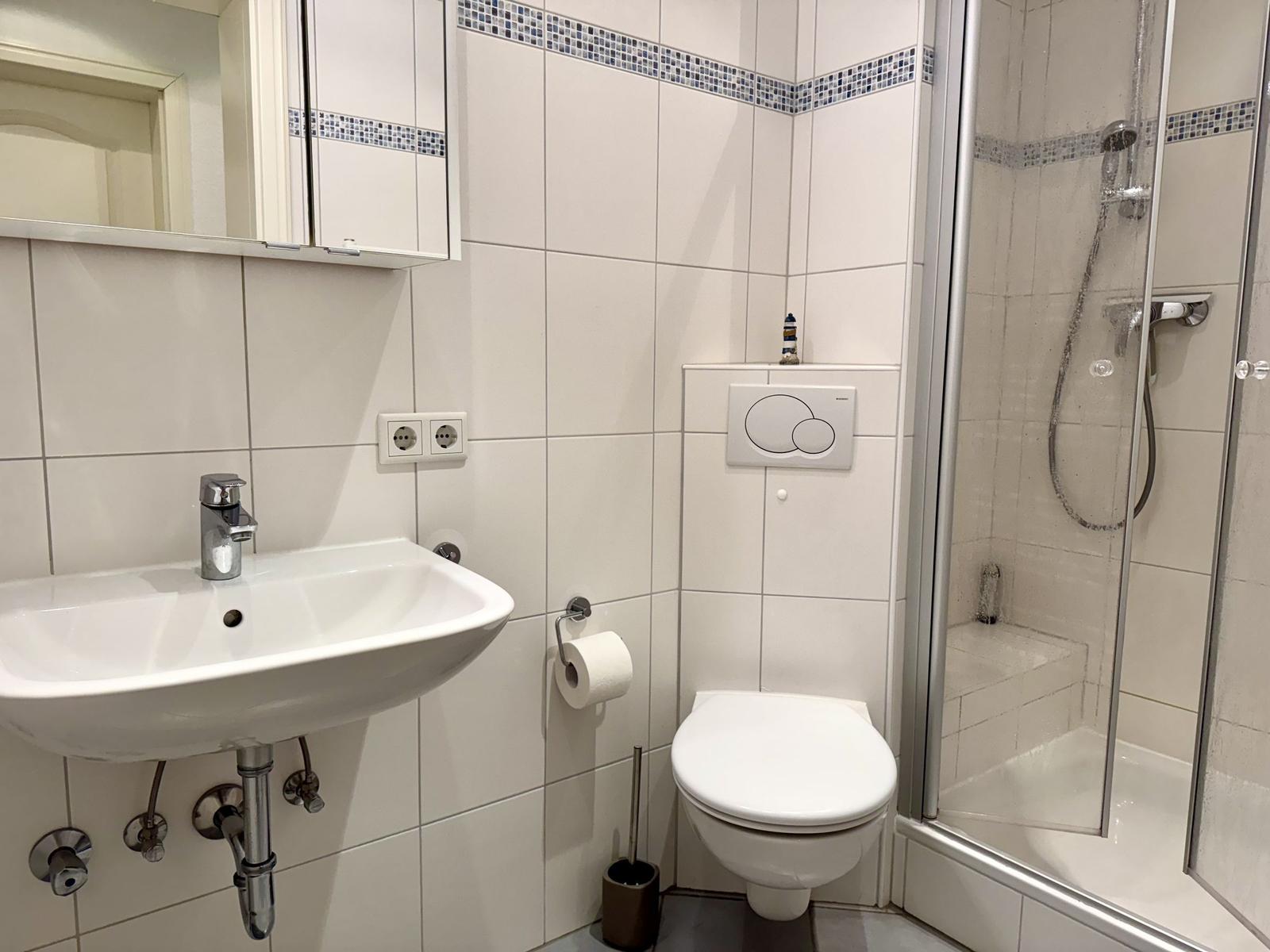 Badezimmer mit Dusche, Toilette und Waschbecken.
