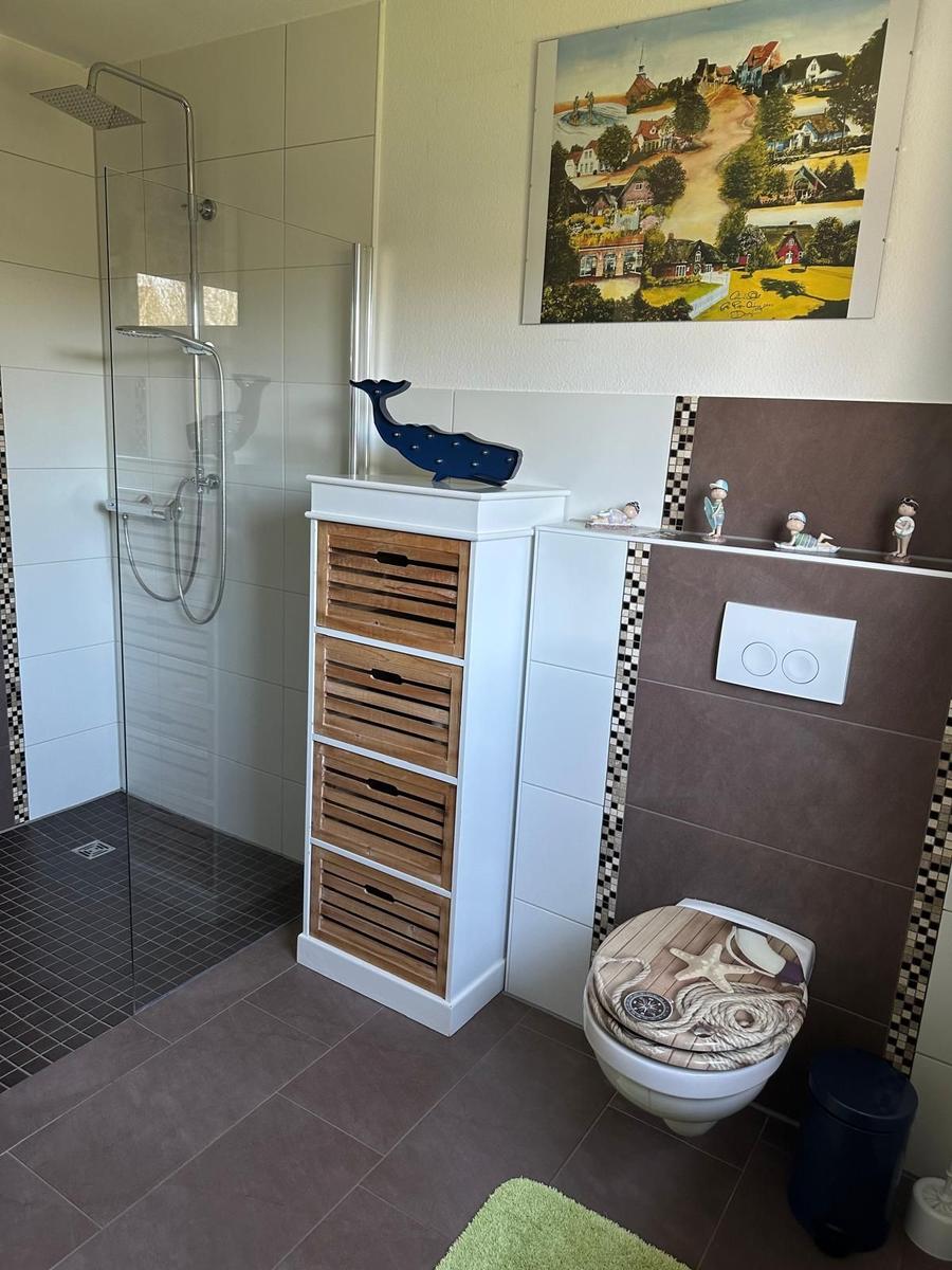 Bad mit Dusche, Toilette und Holzschrank mit vier Schubladen.