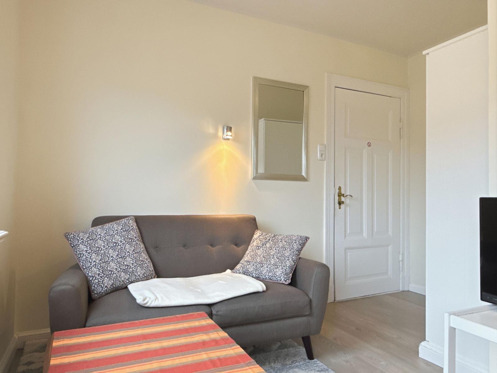 Gray sofa with cushions and blanket. Background: wall mirror and door.