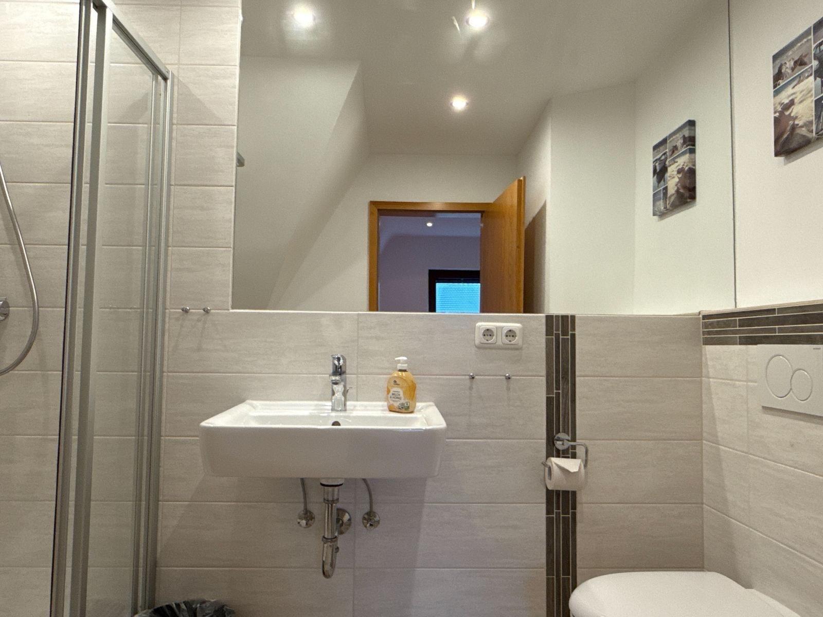 Badezimmer mit Dusche, Waschbecken und Toilette