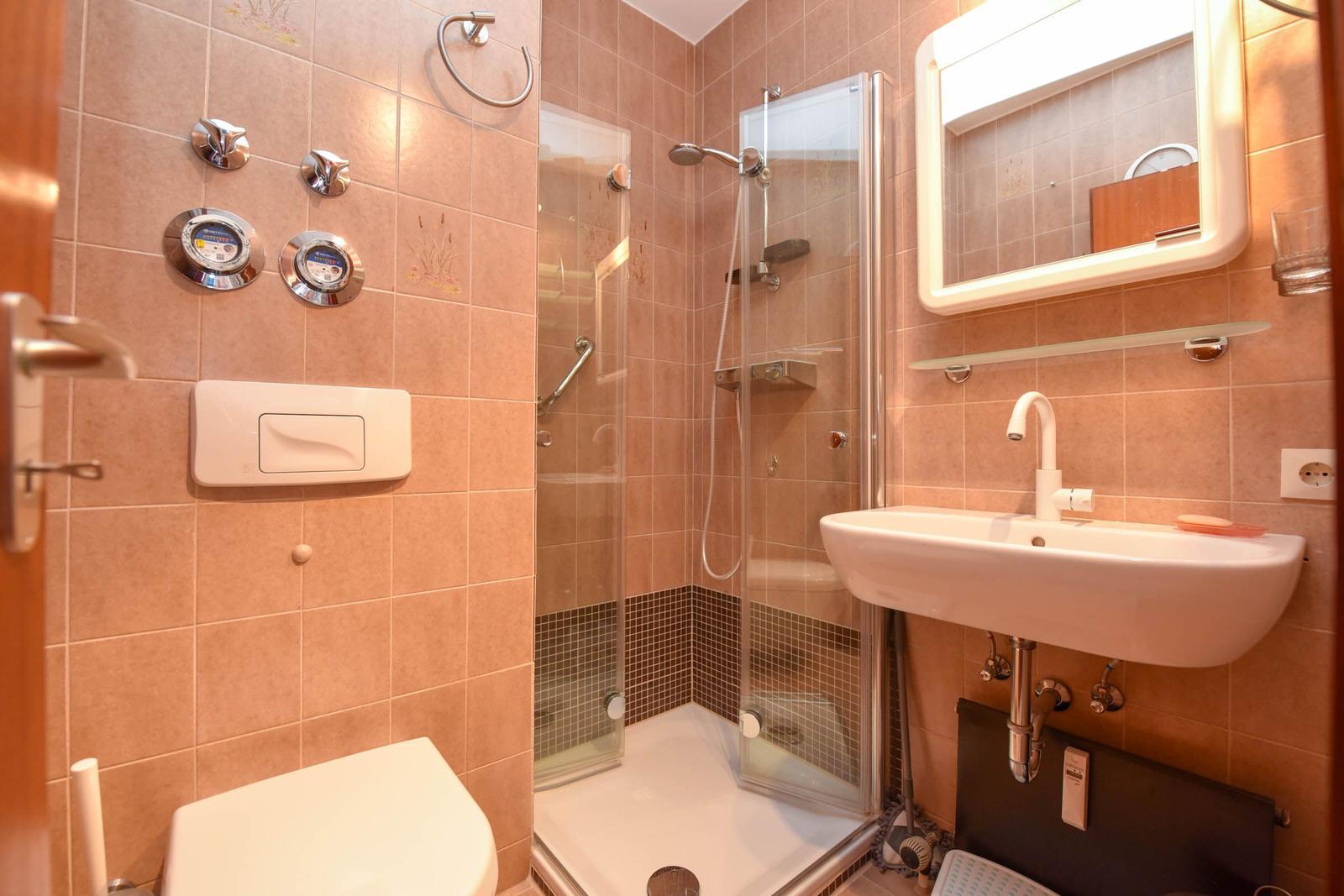 Bad mit Dusche, Waschbecken und Toilette. Wandfliesen und Spiegel sichtbar.