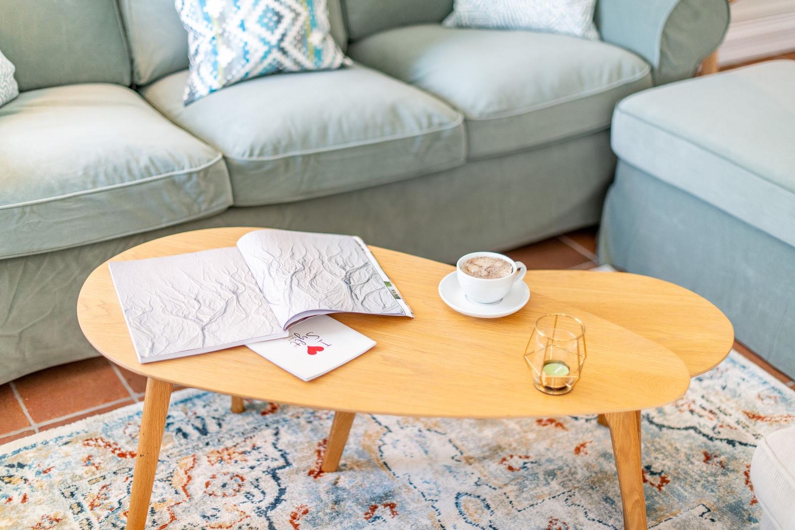 Living room with wooden table, cushions, and rug.