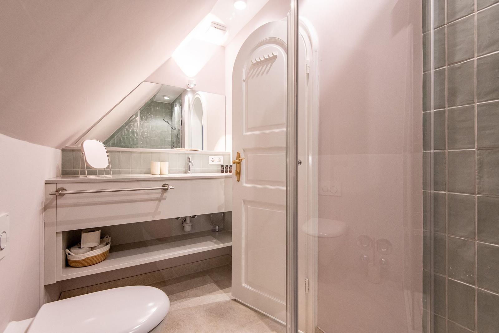 Bathroom with shower, sink, and toilet under sloped ceiling.