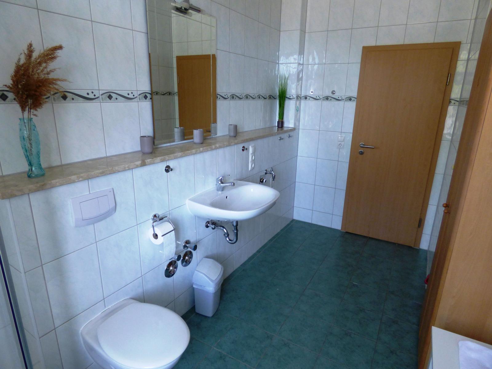 Badezimmer mit Toilette, Waschbecken und Spiegel. Bodenfliesen und Wandfliesen.