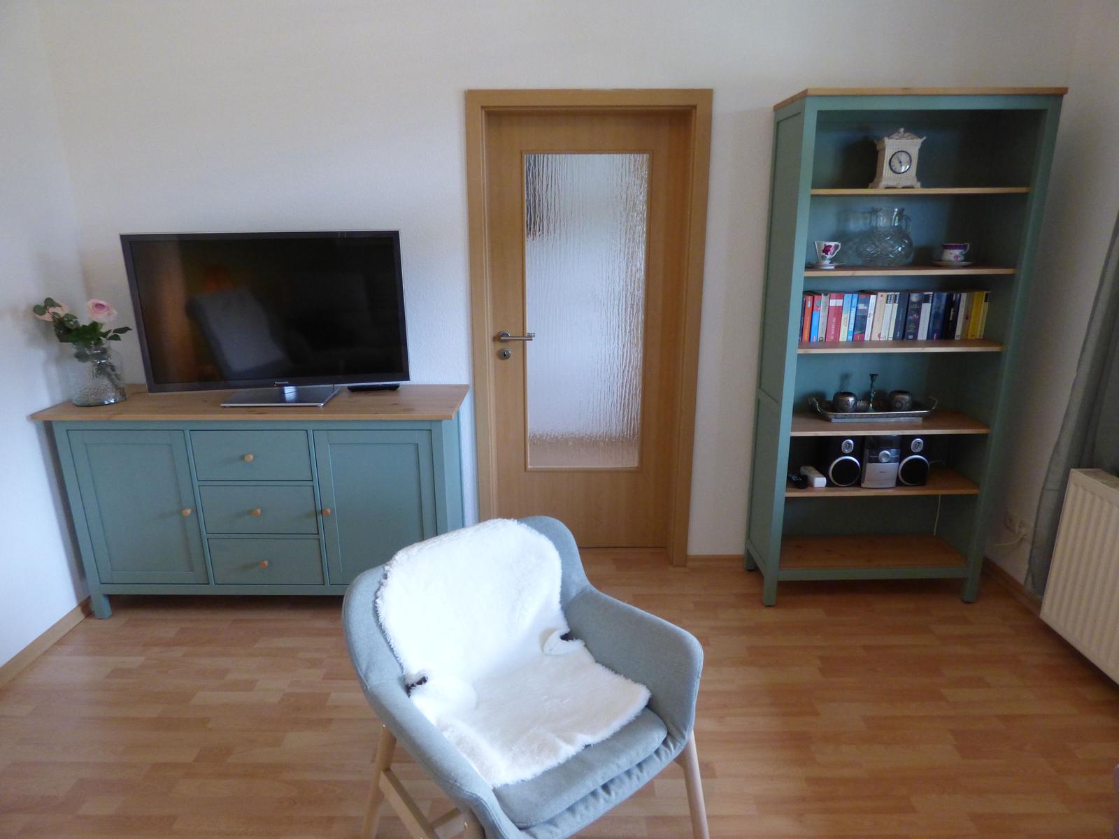 Ein Raum mit Fernseher, Stuhl und Bücherregal.