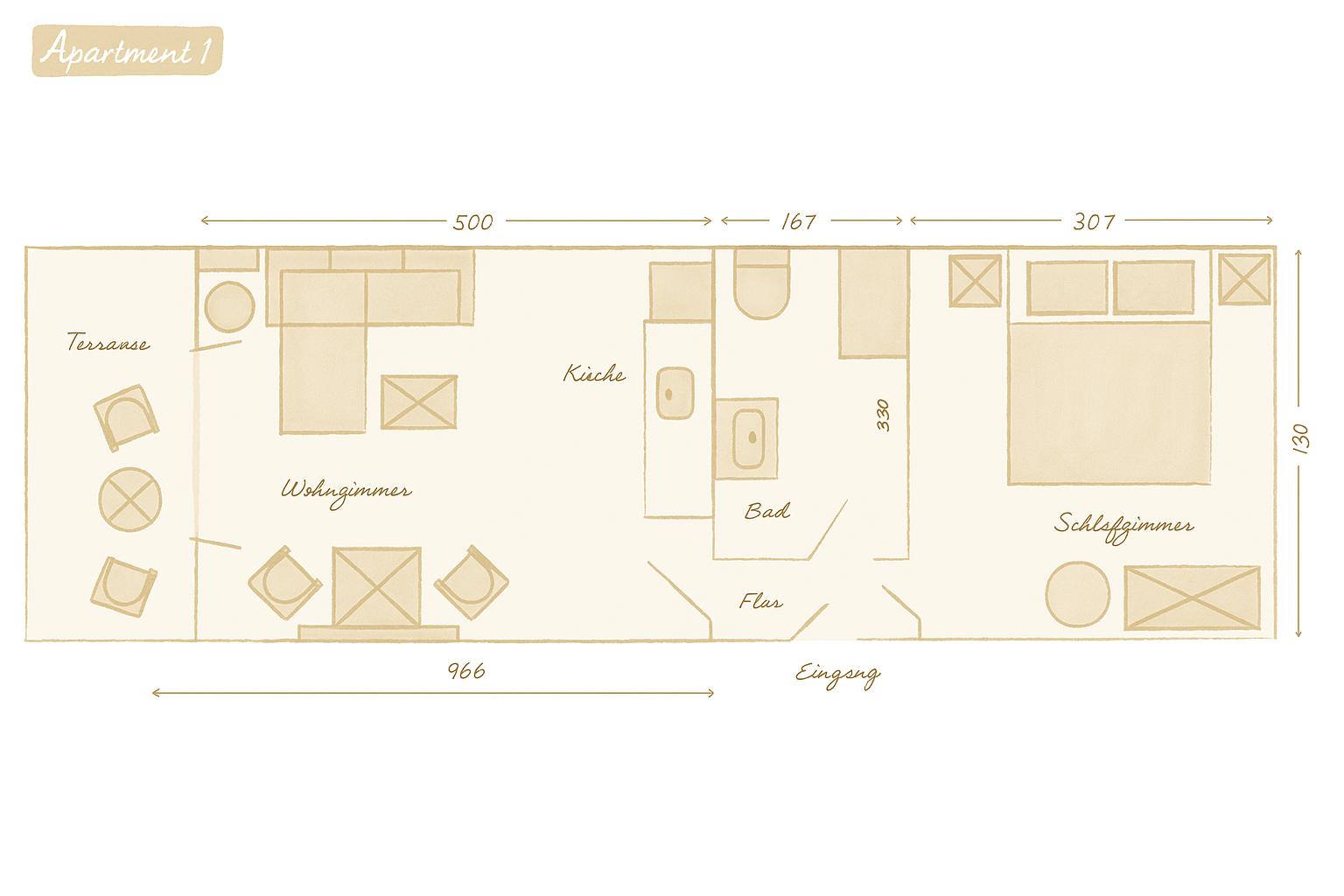 Wohnung mit Terrasse, Küche, Bad, Schlafzimmer und Wohnzimmer. Eingang und Flur sind vorhanden.