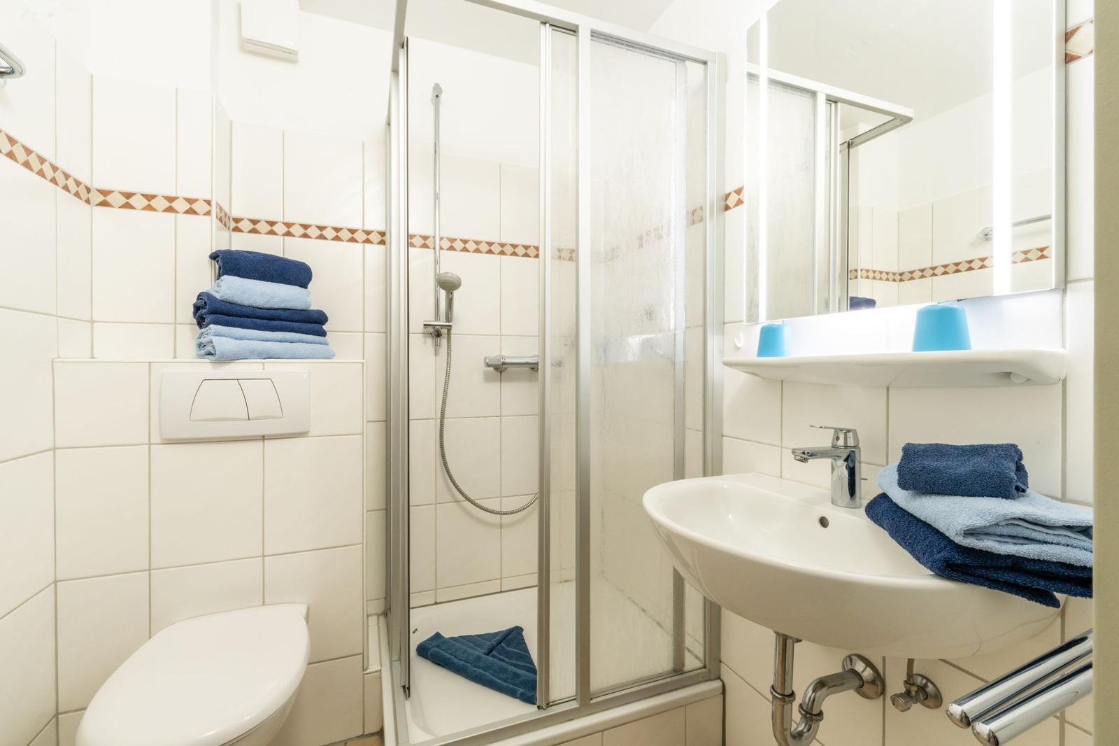 Badezimmer mit Dusche, Waschbecken und Toilette. Handtücher und Spiegel sind vorhanden.