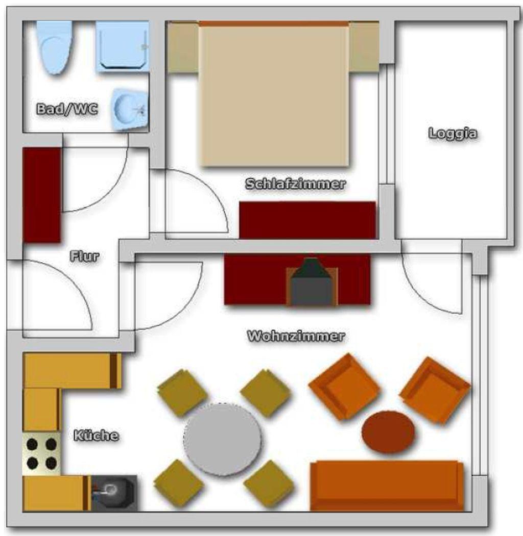 Wohnung mit Schlafzimmer, Wohnzimmer, Küche, Bad und Loggia.