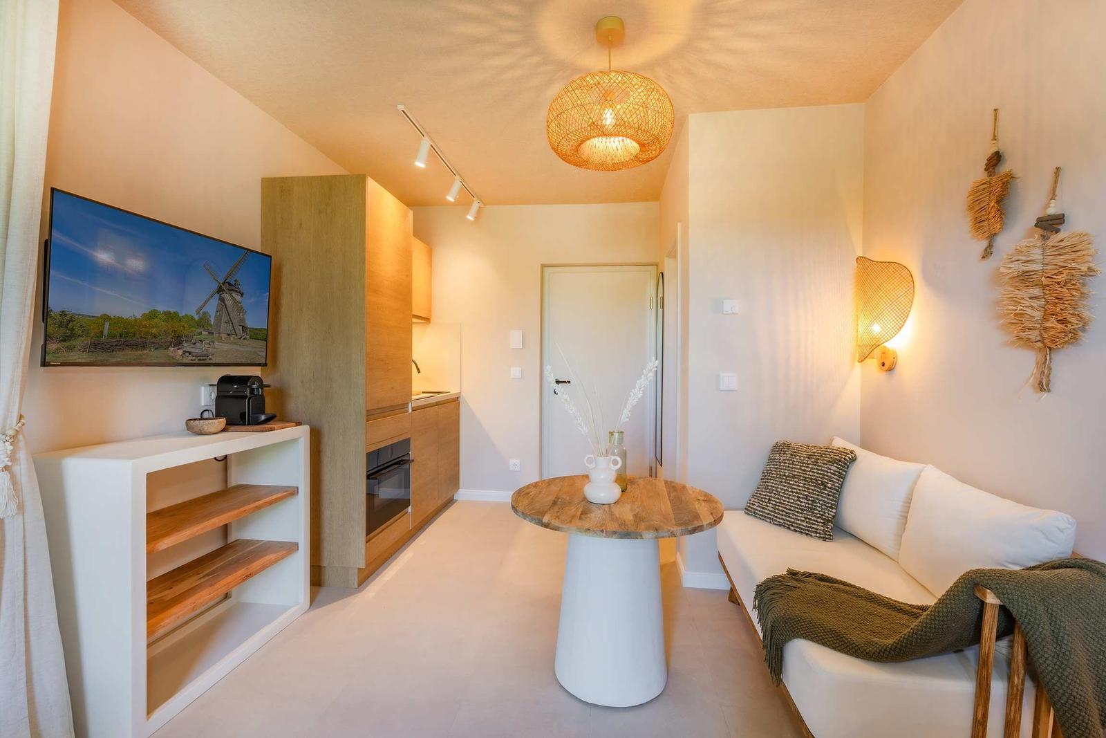 Wohnbereich mit Sofa, runden Tisch und Küchenzeile. Fernseher an Wand, Deckenleuchte und Wandbeleuchtung.