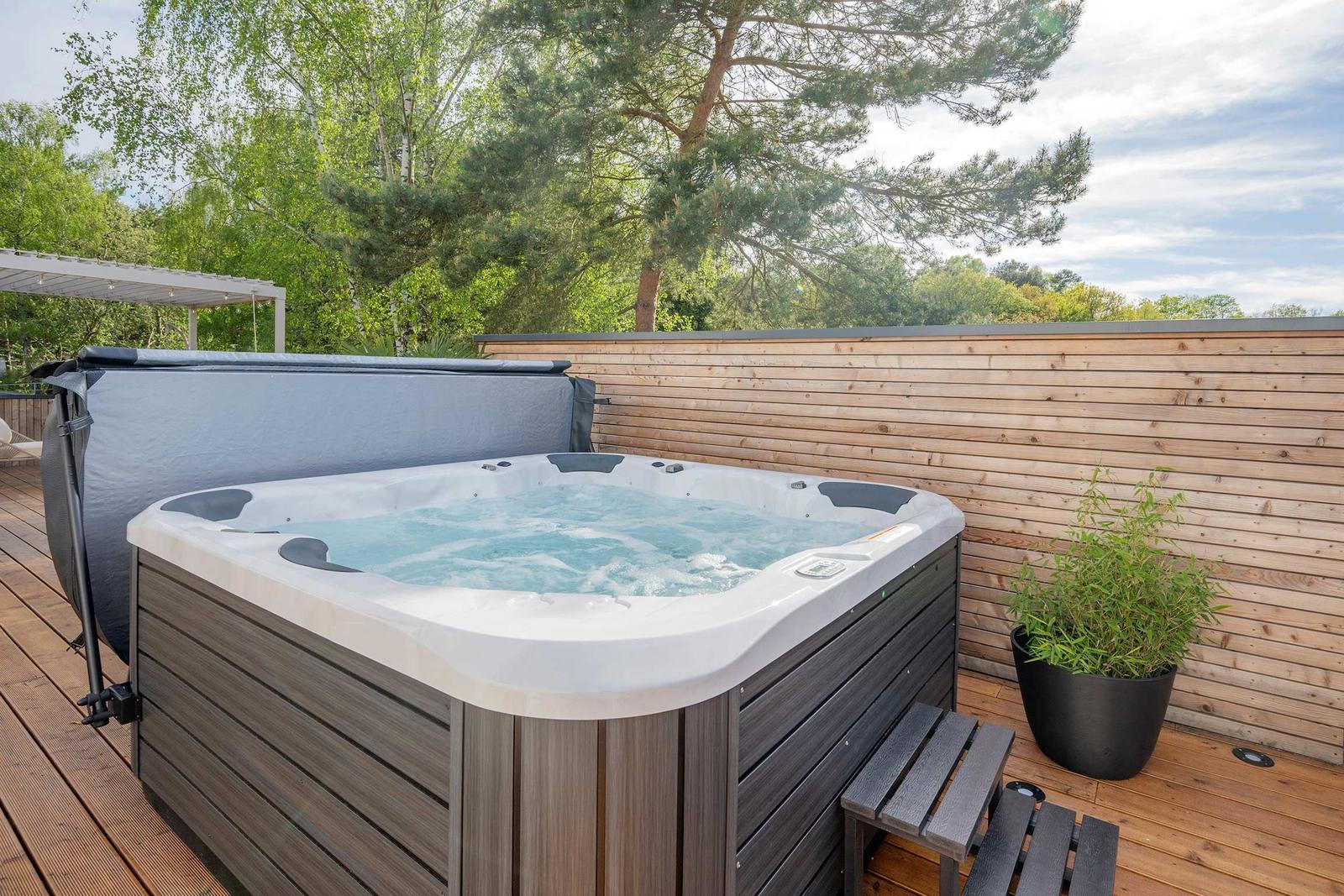 Hochwertige Whirlpool-Terrasse mit Holzgeländer und Pflanze im Hintergrund.