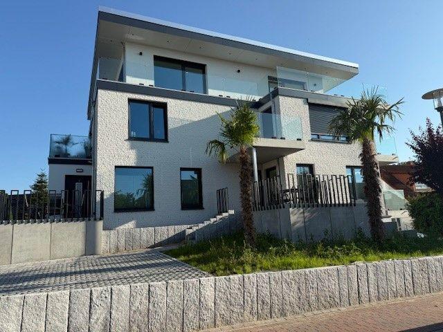Moderne Villa mit Balkon und Palmen im Außenbereich.