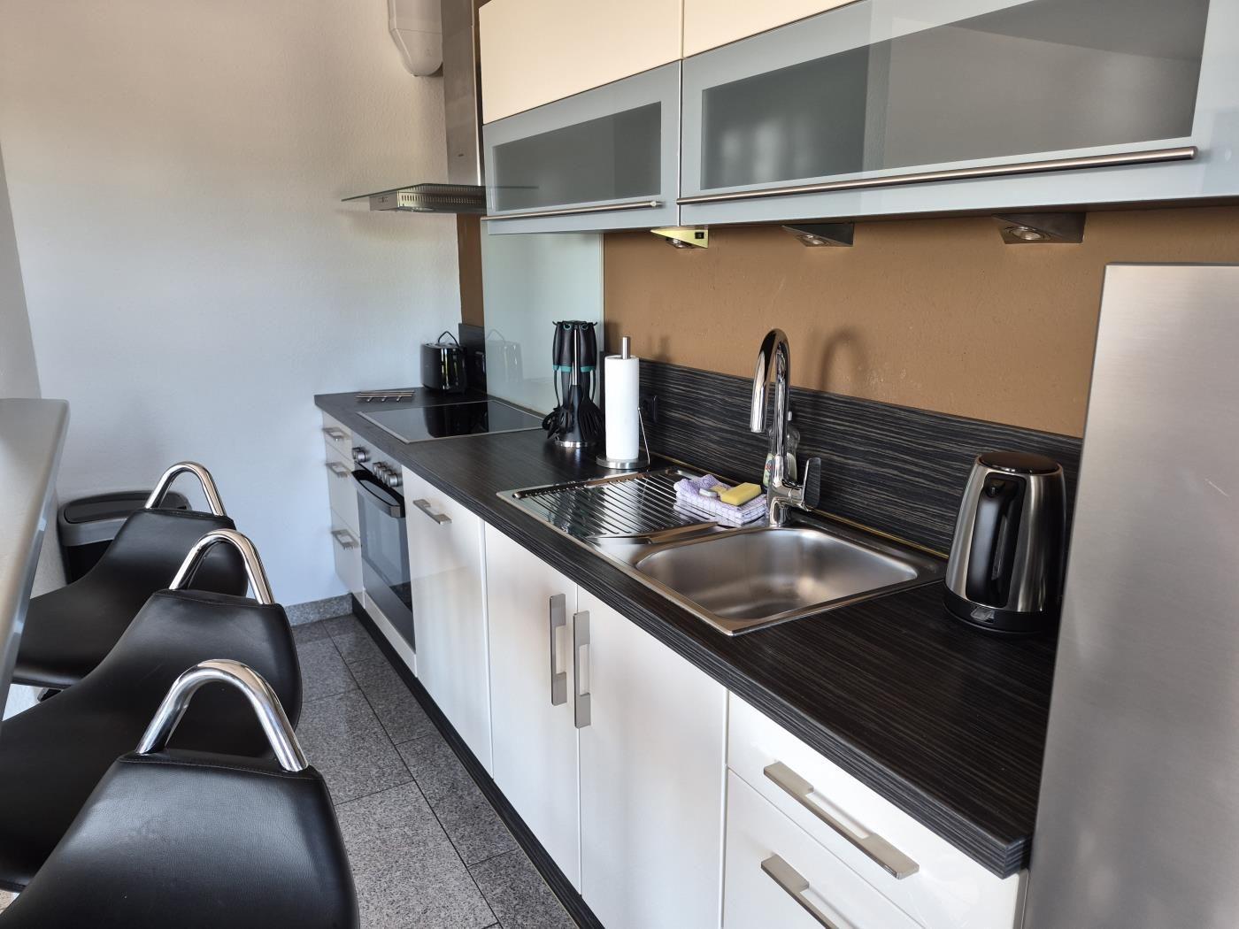 Moderne Küche mit Arbeitsplatte, Spüle, Kühlschrank und Kochfeld.