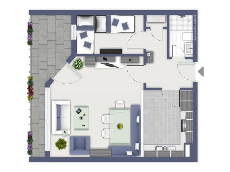 Wohnung mit Schlafzimmer, Küche, Bad und Wohnbereich mit Sofa und Esstisch.