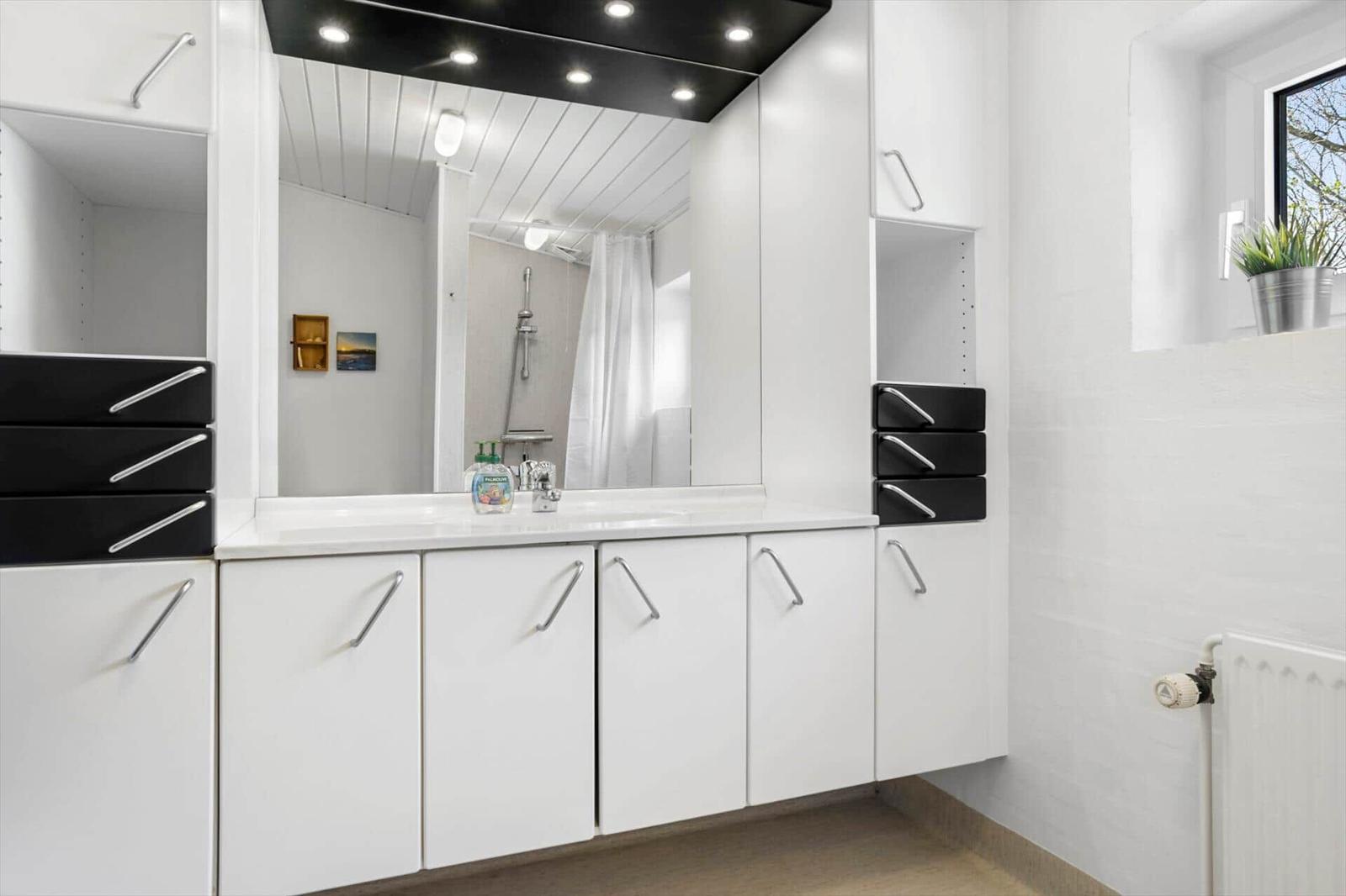 Bathroom with mirror cabinet, shower, and window with plant