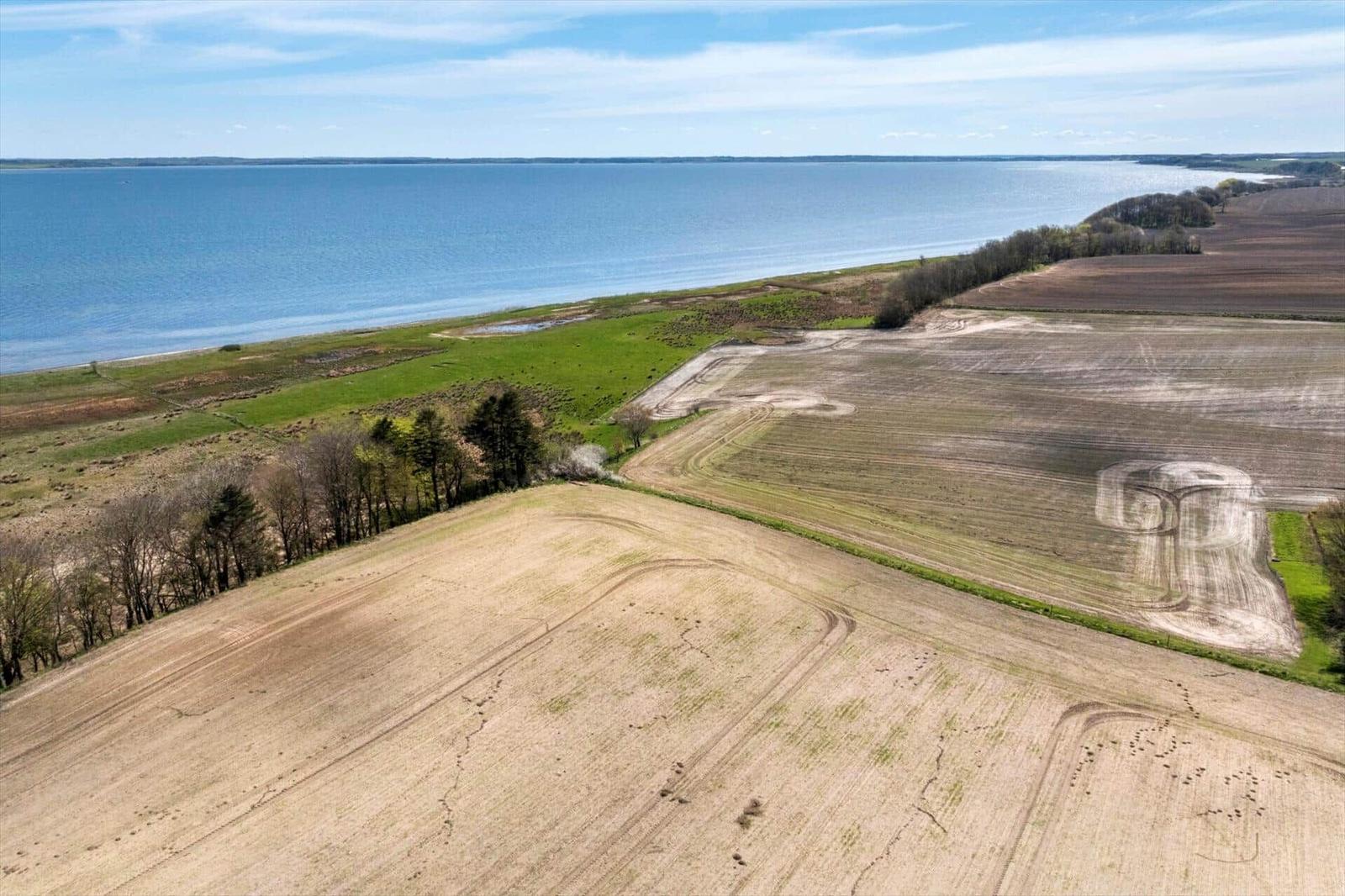 View of fields and lake with trees along the shore
