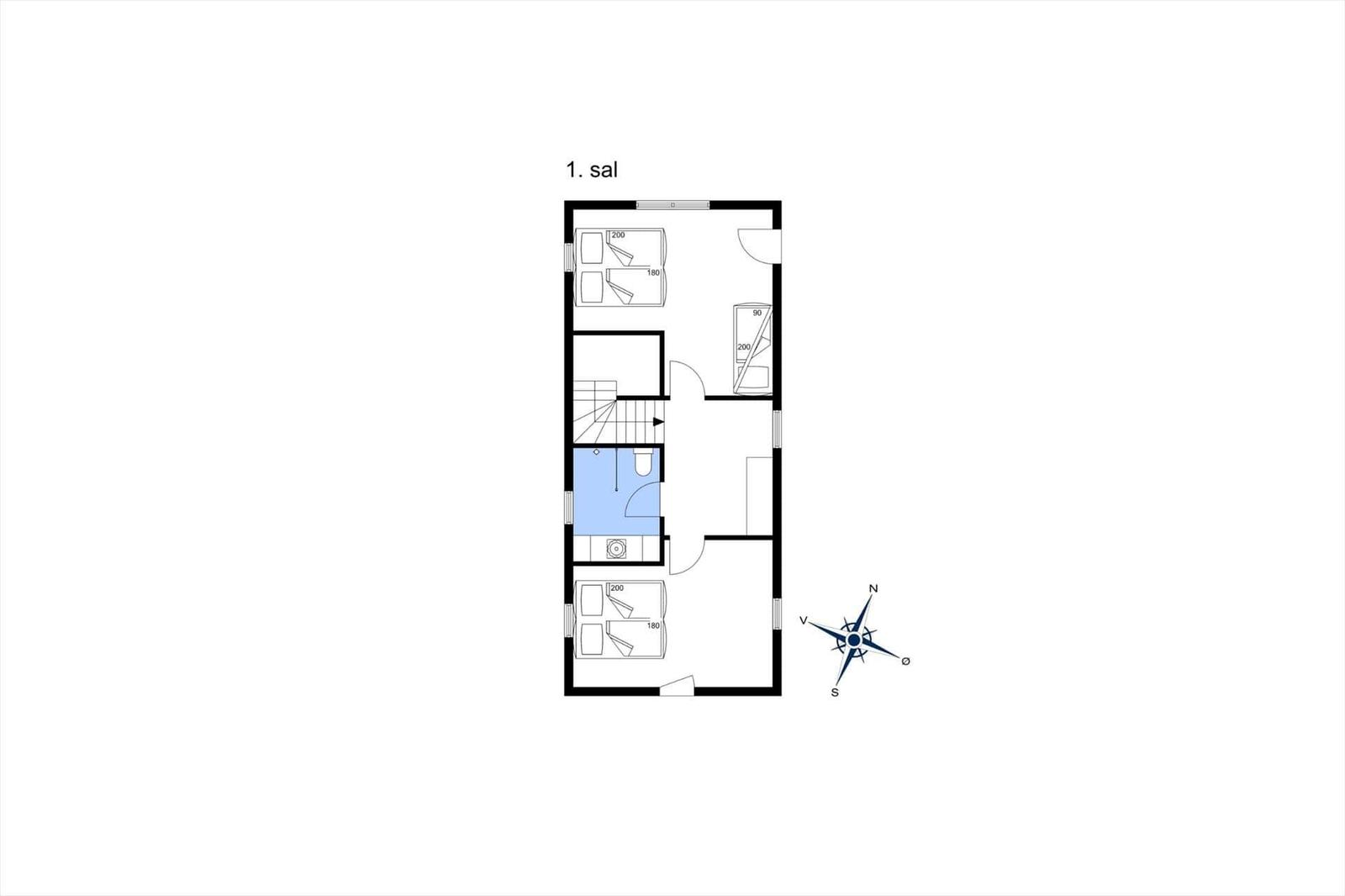 Ground floor plan with bedroom, bathroom, and kitchen.