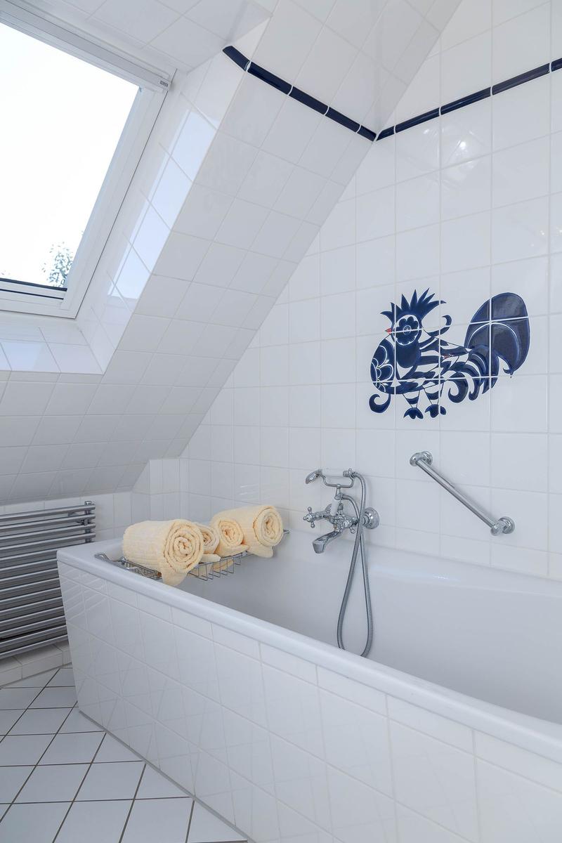 Dusche mit Dachfenster, blau-weißem Hahn-Mosaik und Handtuchhalter.