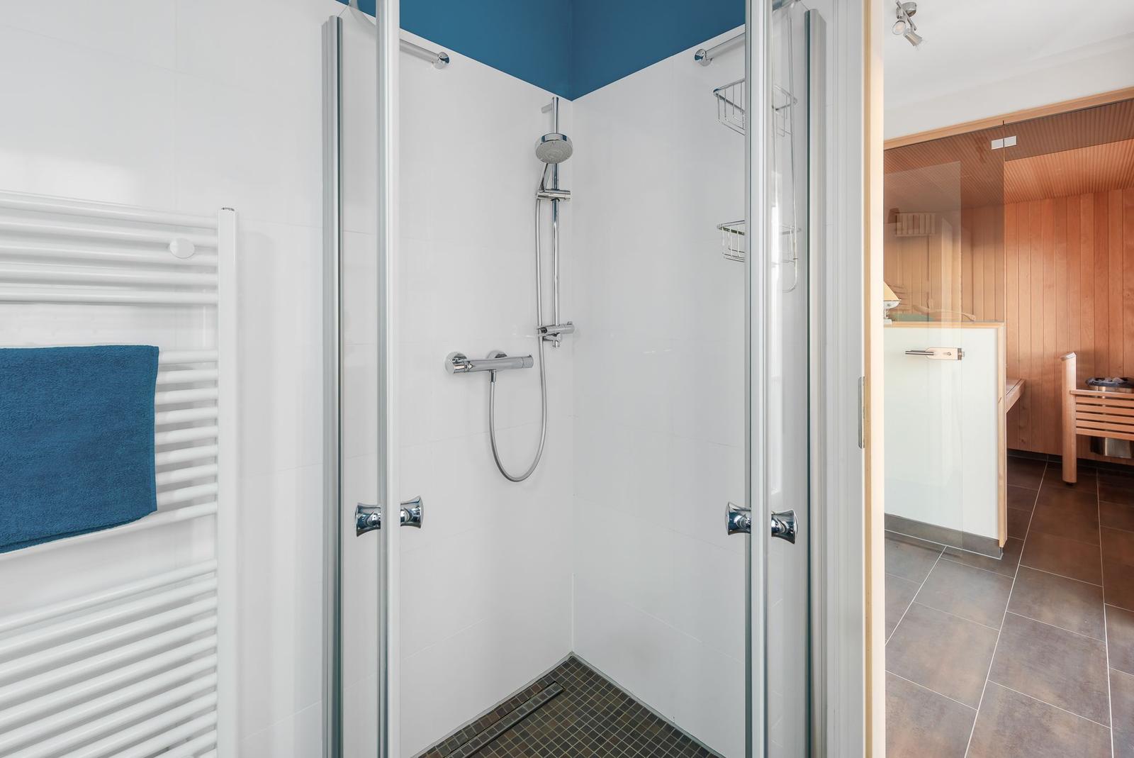 Dusche mit Glaswand und Heizkörper. Sauna im Hintergrund.