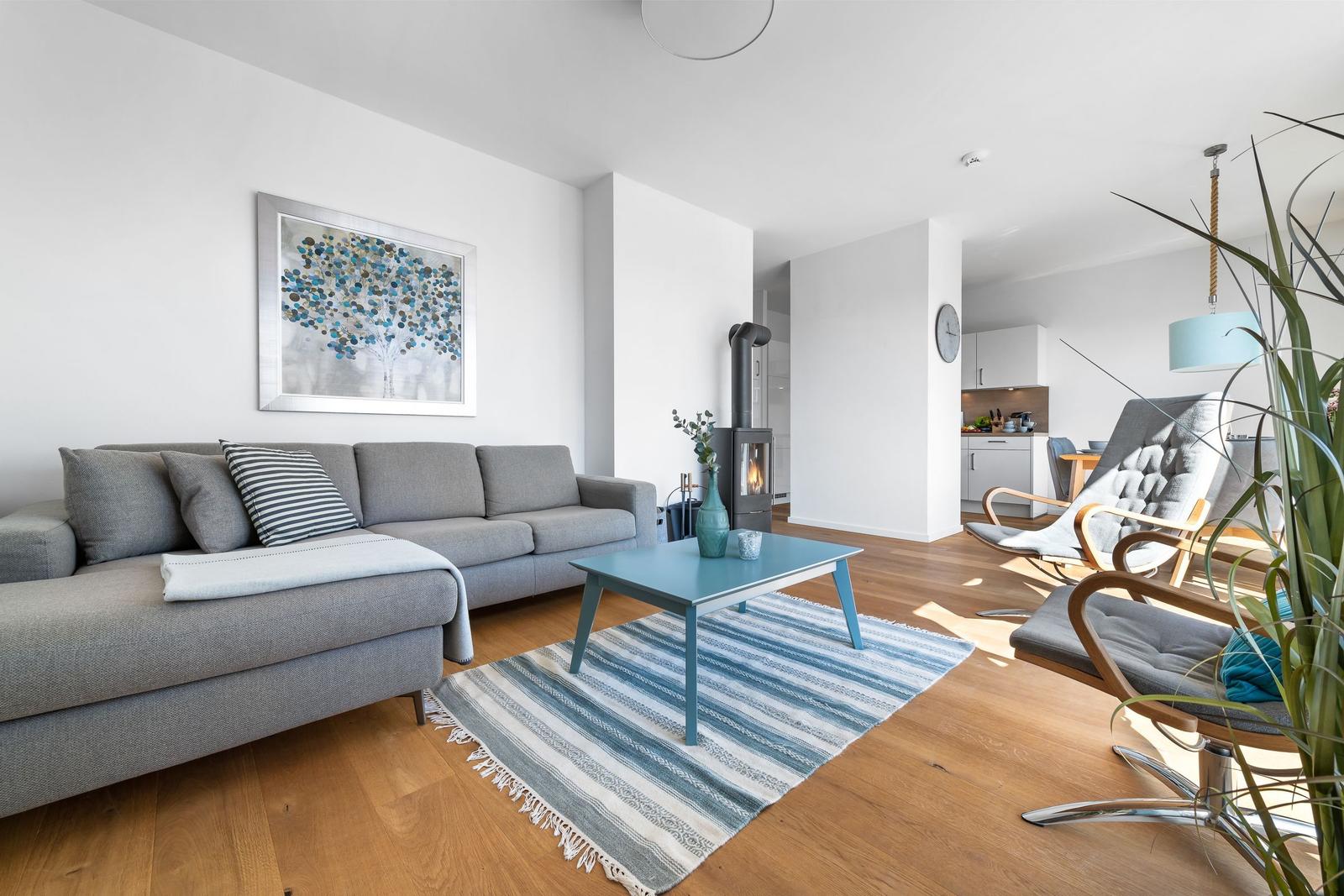 Living room with sofa, fireplace, and wooden floor. Blue coffee table and rug.