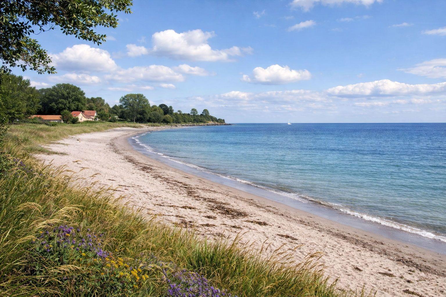 Strand mit Sand, Gras und blauem Meer unter einem wolkenverzierten Himmel.