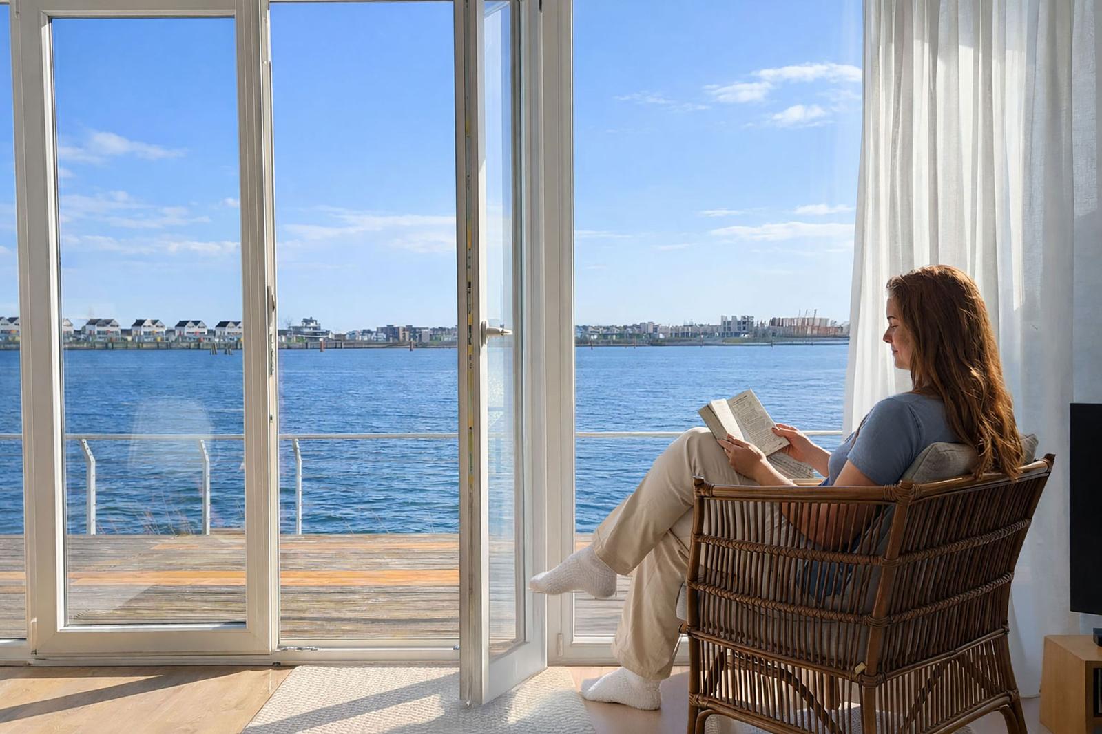 Eine Person sitzt in einem Stuhl und liest vor einer großen Glastür mit Blick auf Wasser und Horizont.