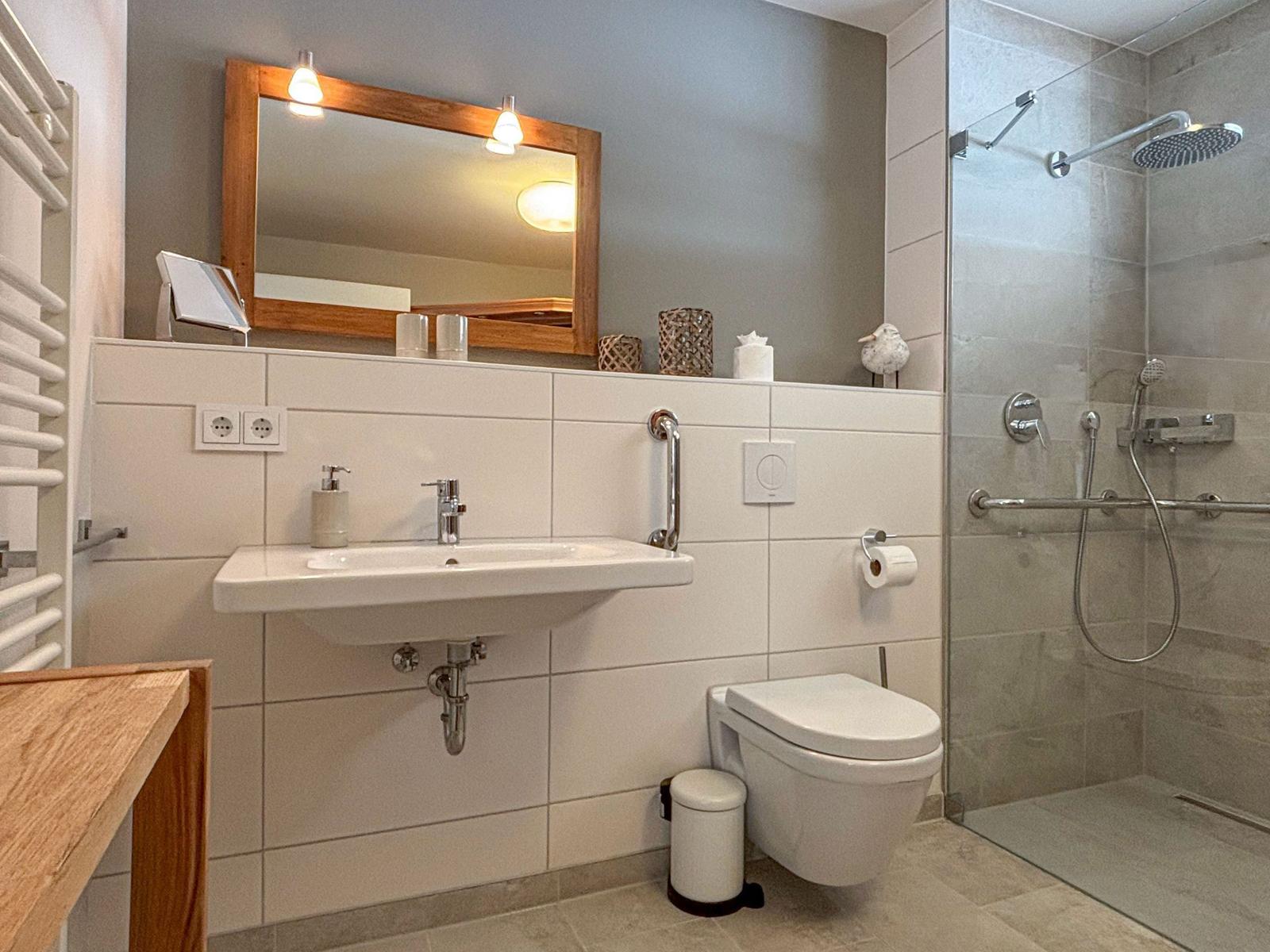 Badezimmer mit Dusche, Waschbecken und Toilette. Holzspiegel und Handlauf.