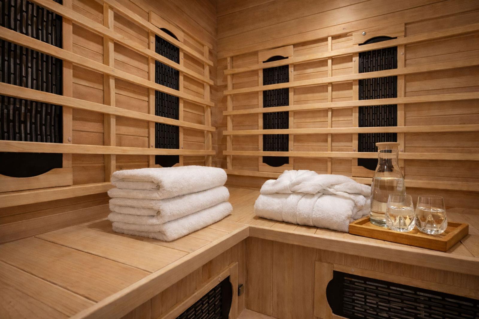 Sauna mit Holzwand, Handtuchstapeln und Wassertrinkset auf Holzbank
