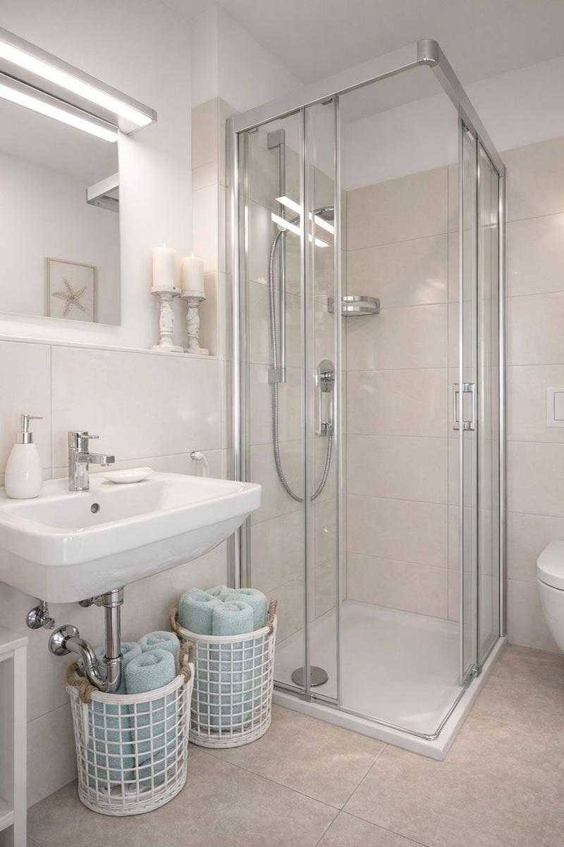 Badezimmer mit Dusche, Waschbecken und Toilette. Handtücher in Körben.
