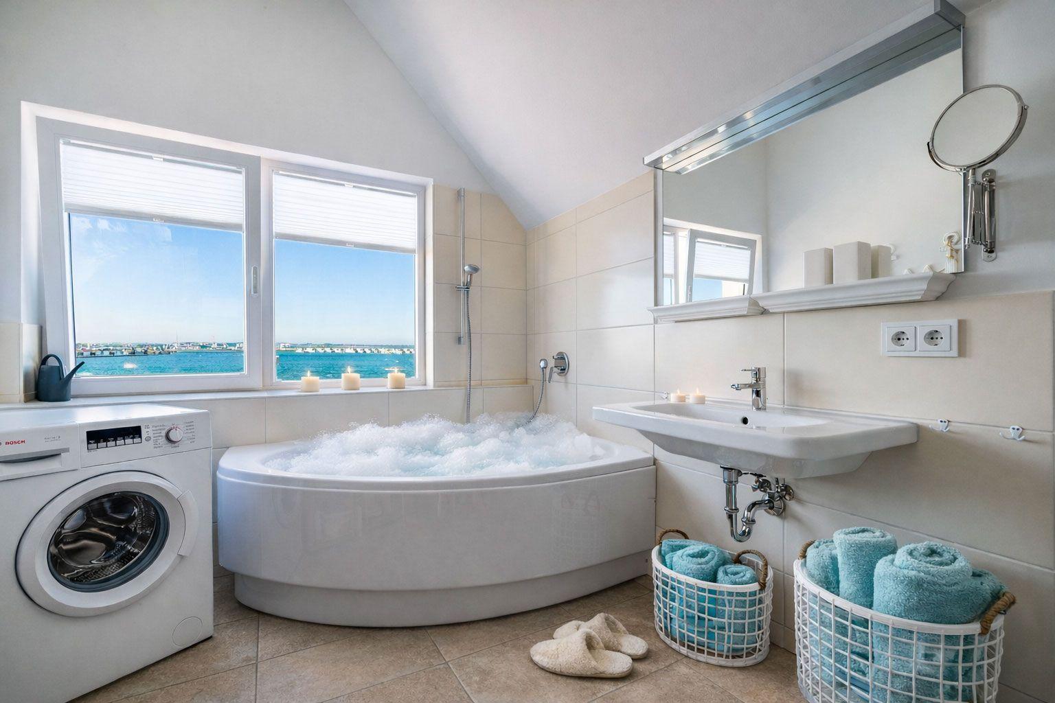 Badezimmer mit Badewanne, Waschmaschine und Blick aufs Meer.
