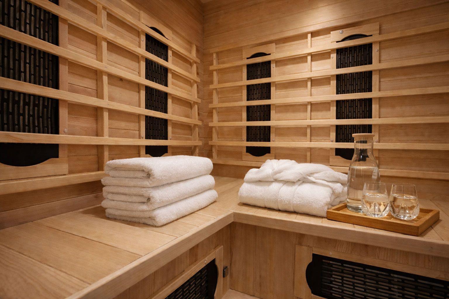 Sauna mit Holzbank, Handtüchern und Wassertrinken.