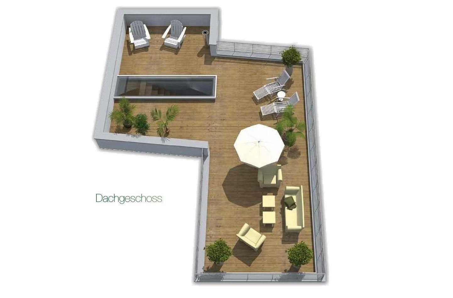 Dachterrasse mit Sitzgelegenheiten, Sonnenschirm und Pflanzen.