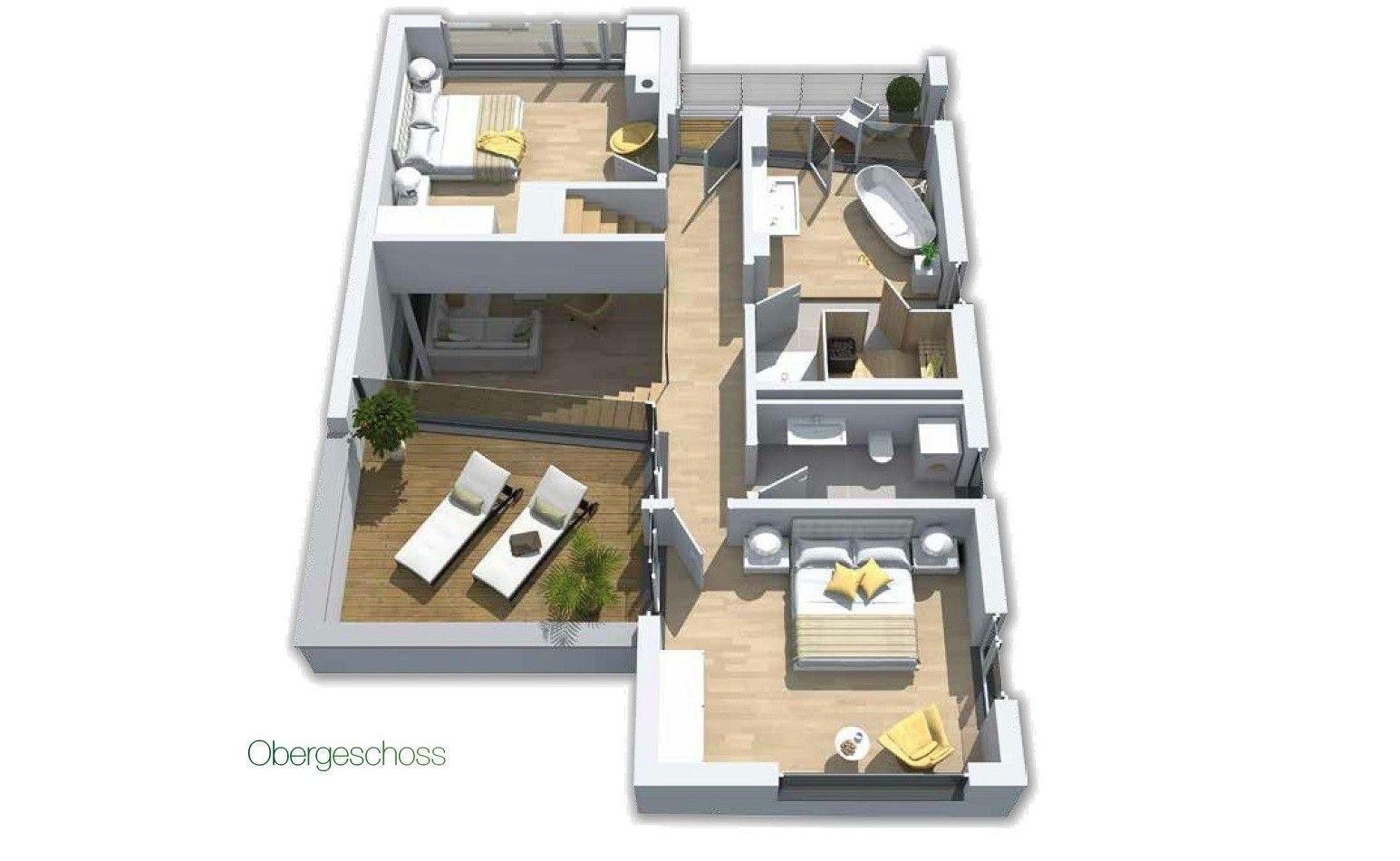 Obergeschoss mit Schlafzimmer, Bad, Terrasse und Wohnbereich