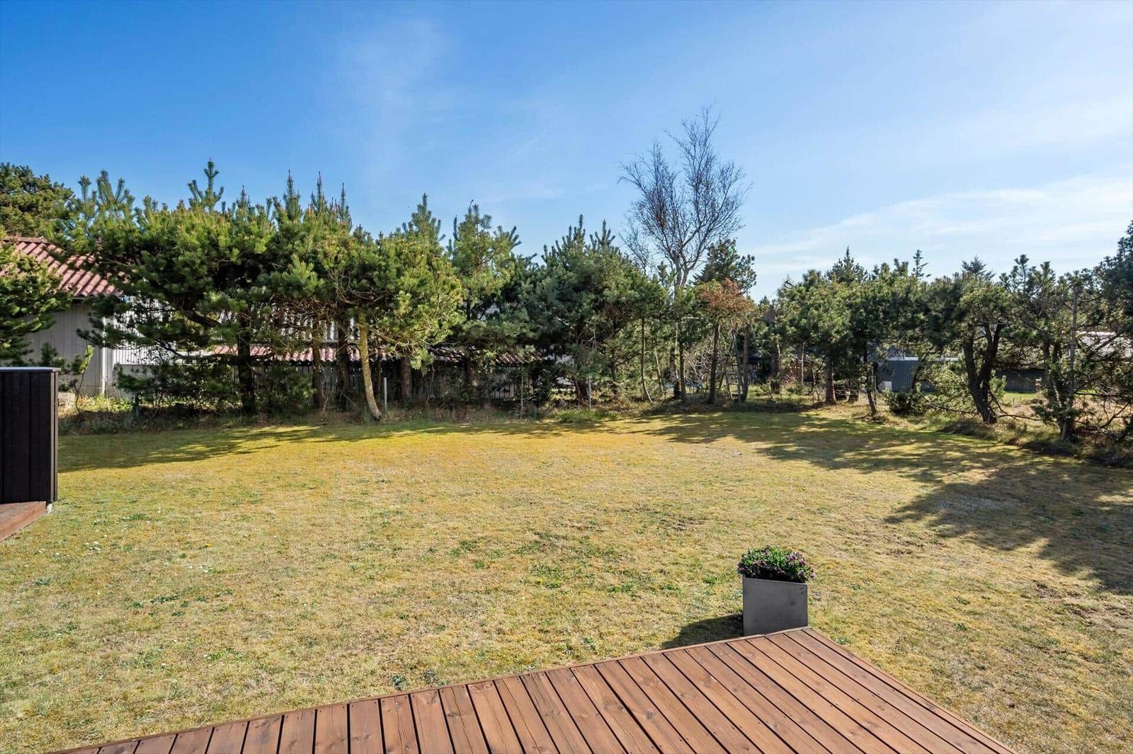 Large garden with wooden terrace and trees under blue sky.