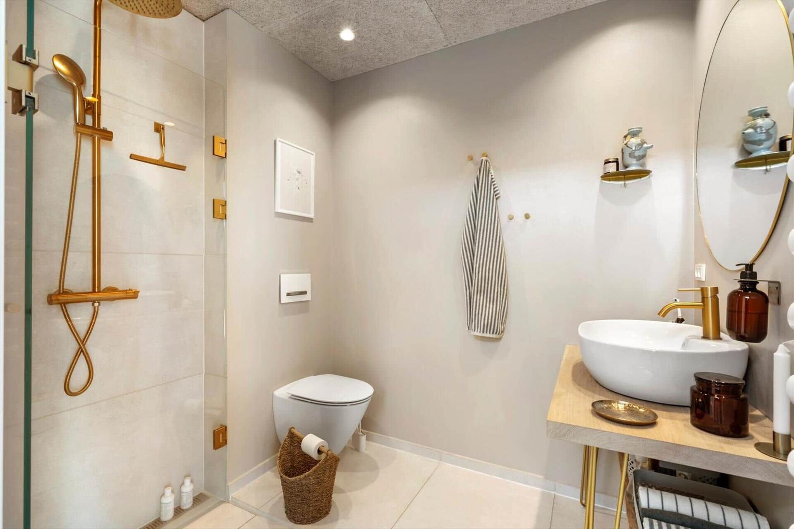Bathroom with shower, toilet, and sink. Gold fixtures and wall-mounted holder.
