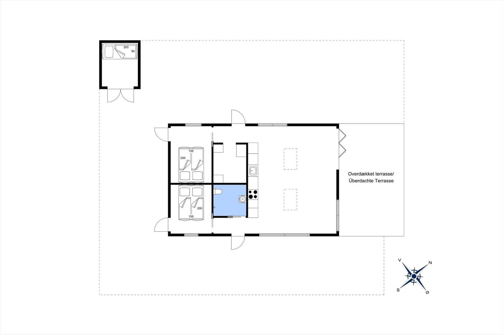 Apartment with two bedrooms, kitchen, and covered terrace. Bathroom and living area are furnished.