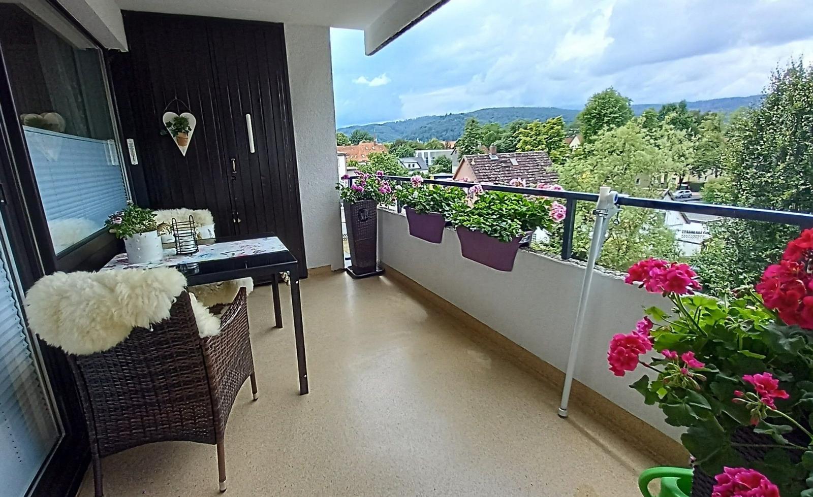 Balkon im Sommer (der Sonnenschirm steht im "Kabuff"