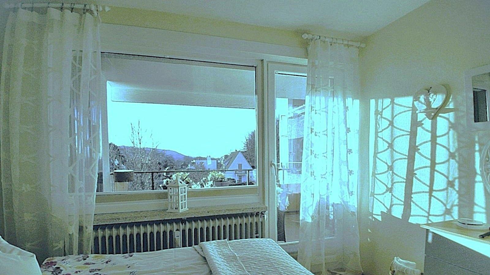 Blick aus dem Schlafzimmer (großes Fenster und Tür)