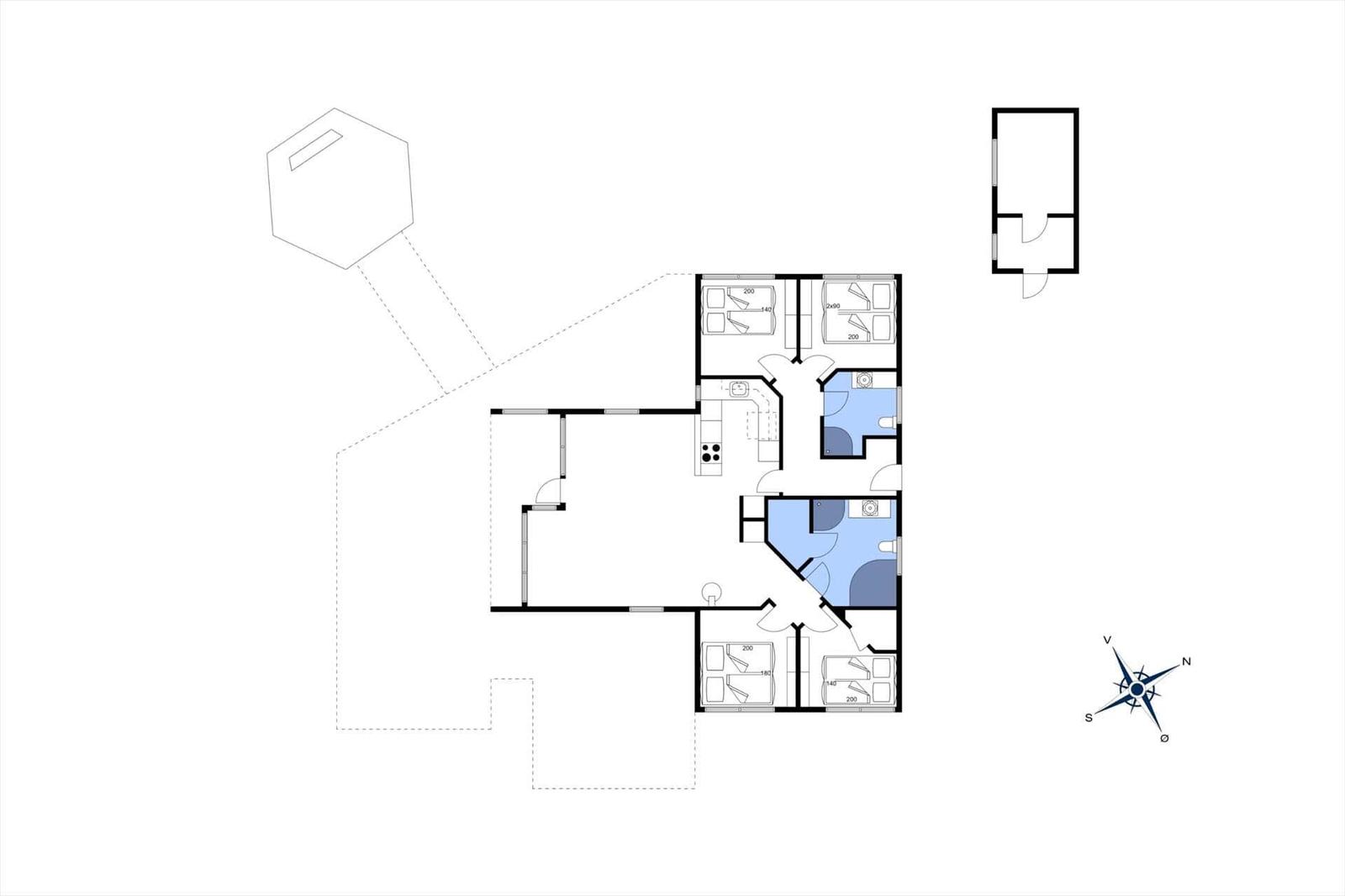 This house has three bedrooms, a kitchen, and two bathrooms.