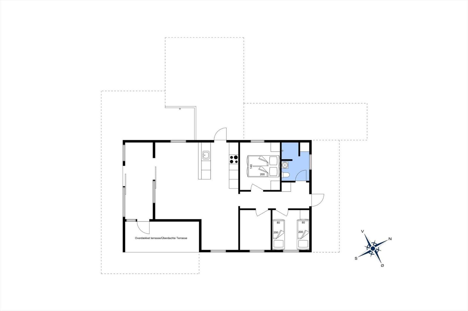 Wohnung mit Küche, Schlafzimmer, Bad und überdachter Terrasse.