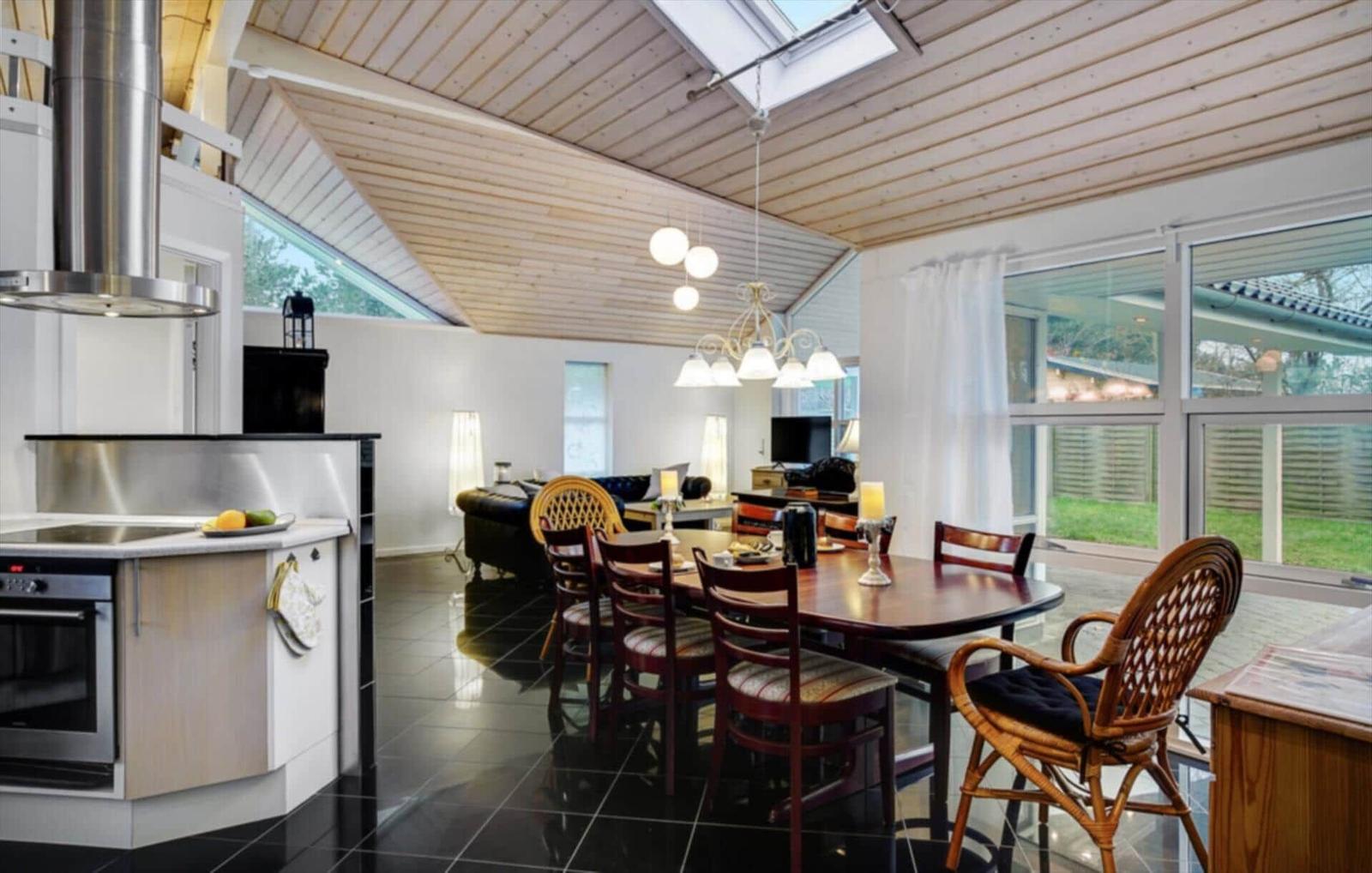 Kitchen with dining area and large window view of the garden