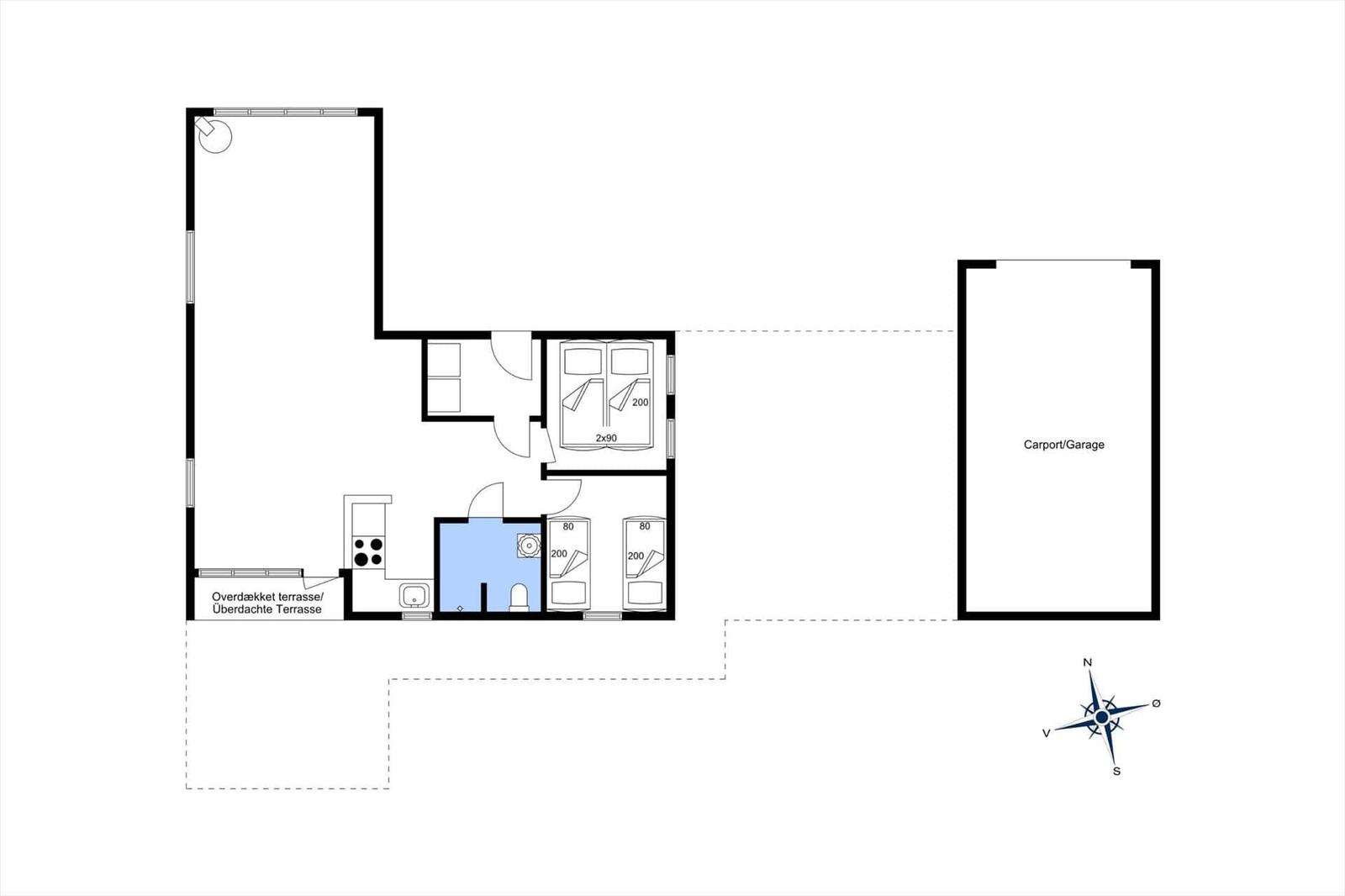 Apartment with two bedrooms, bathroom, kitchen, covered terrace, and carport.