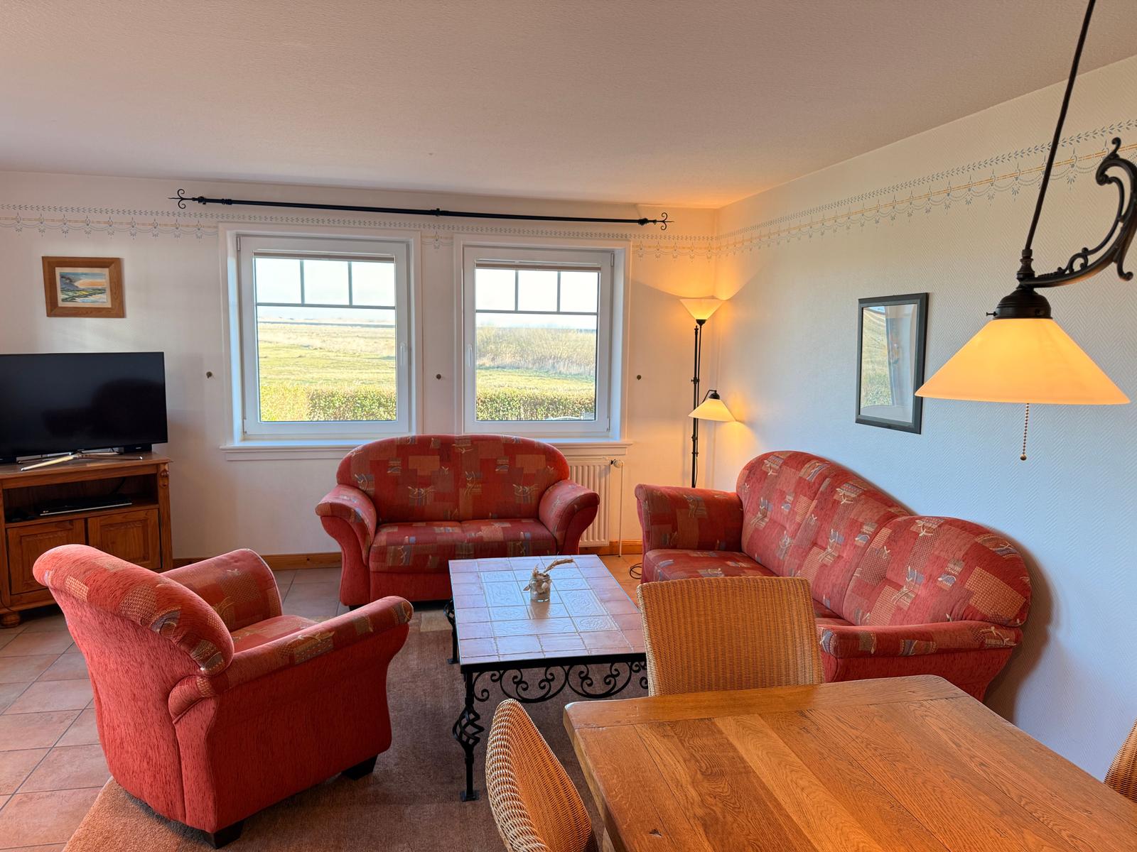 Wohnzimmer mit rotem Sofa, Fernseher und Blick auf Felder.