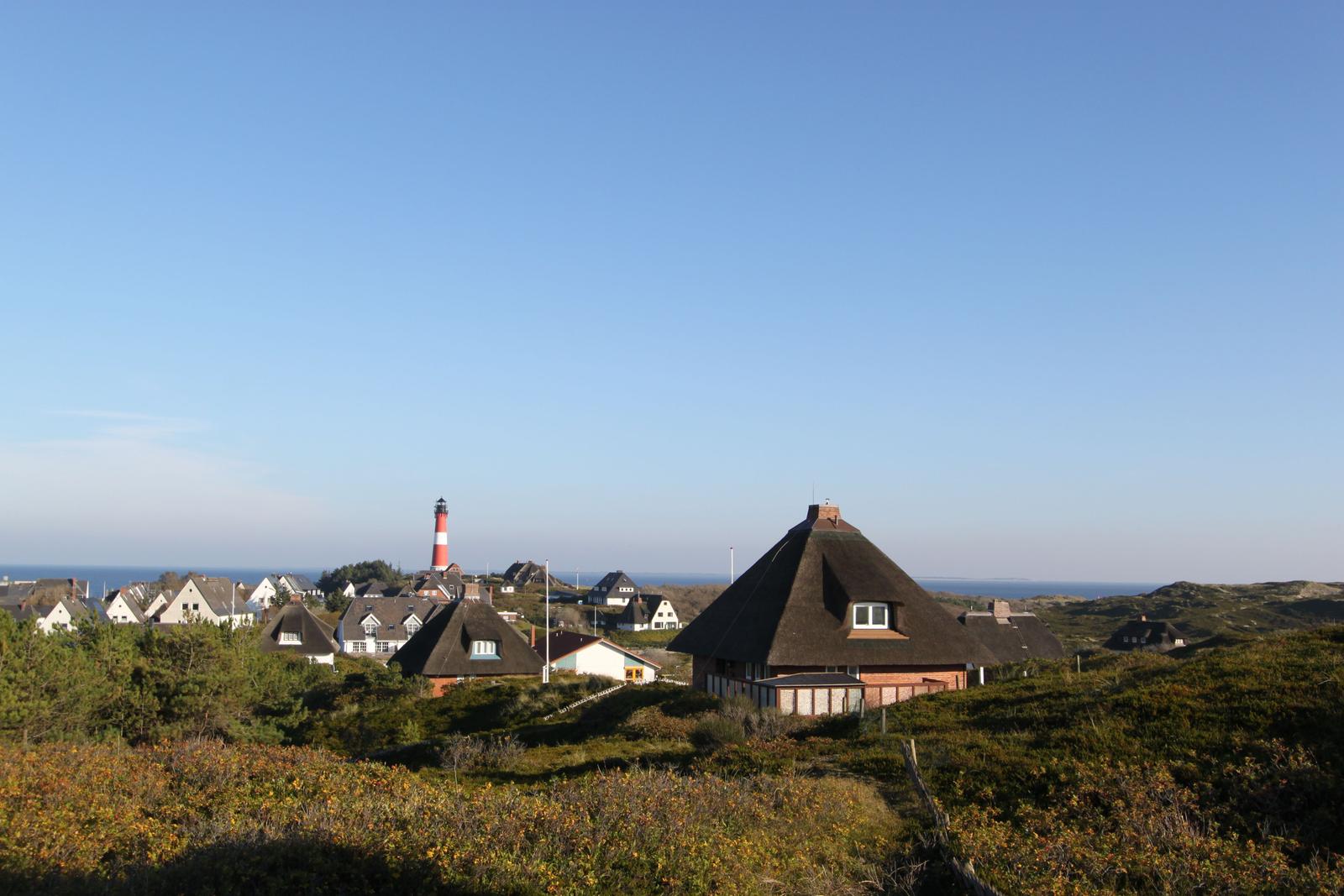 Dorf mit strohgedeckten Häusern und Leuchtturm am Horizont