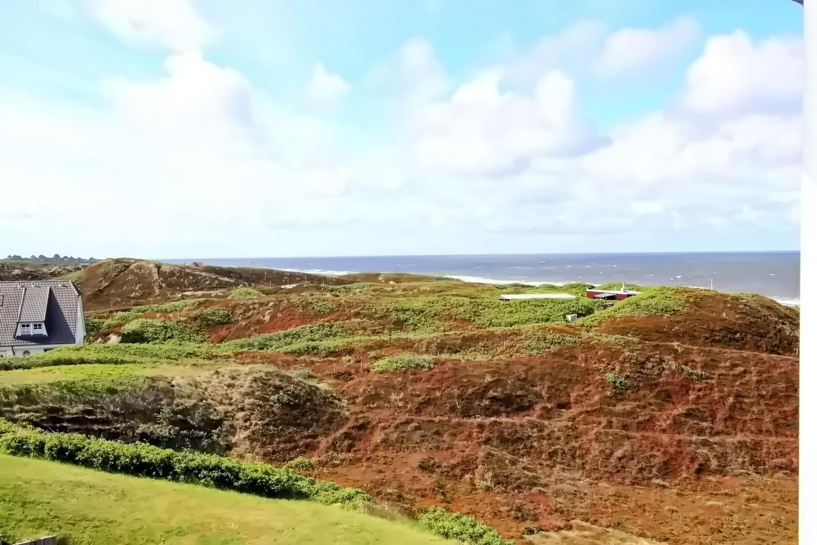 Panoramablick auf Küstenlandschaft mit grünen und roten Dünen, Meer und Himmel.