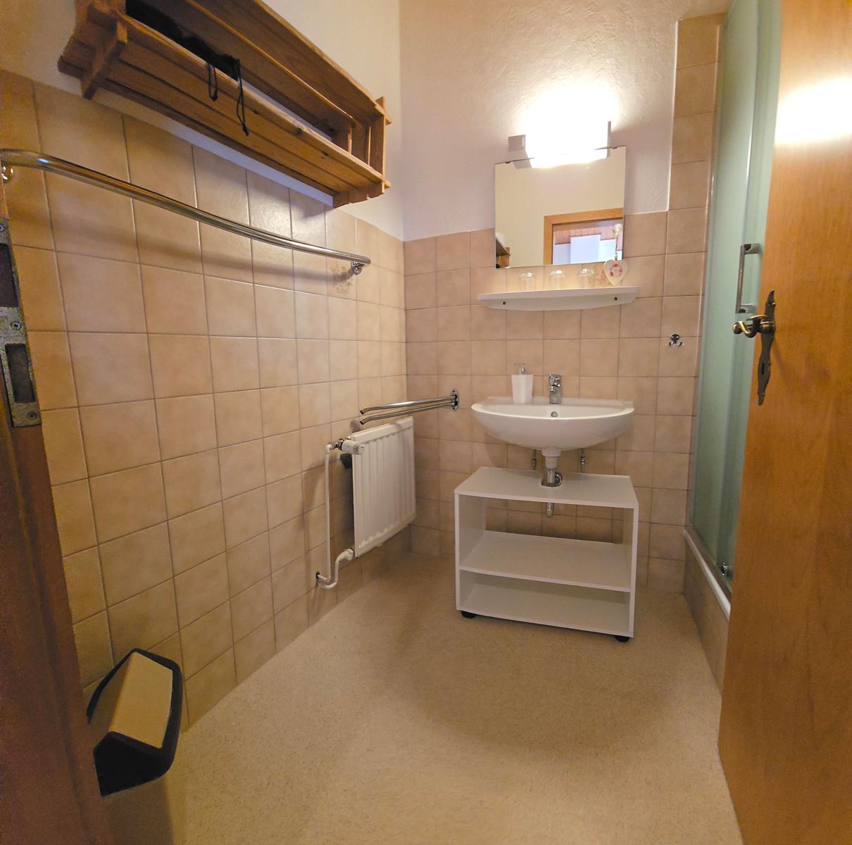 Badezimmer mit Waschbecken, Spiegel, Heizkörper und Dusche.
