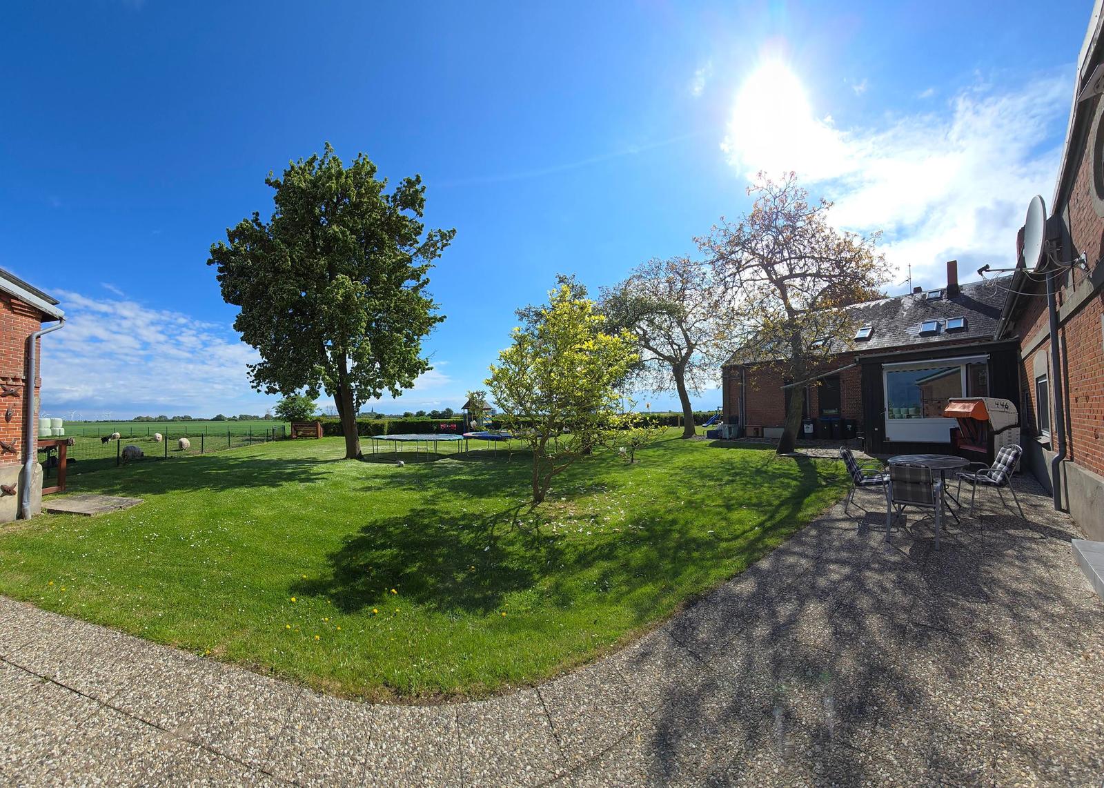 Hinterhof mit Grünfläche, Bäumen und Gartenmöbeln. Im Hintergrund sind Felder und Schafe sichtbar.
