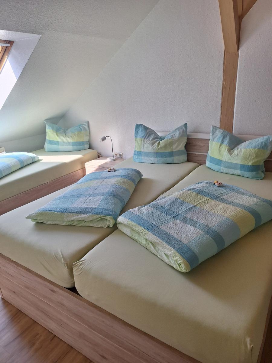 Zwei Einzelbetten mit blau-gelben Decken und Kissen in einem Dachzimmer mit Holzrahmen.