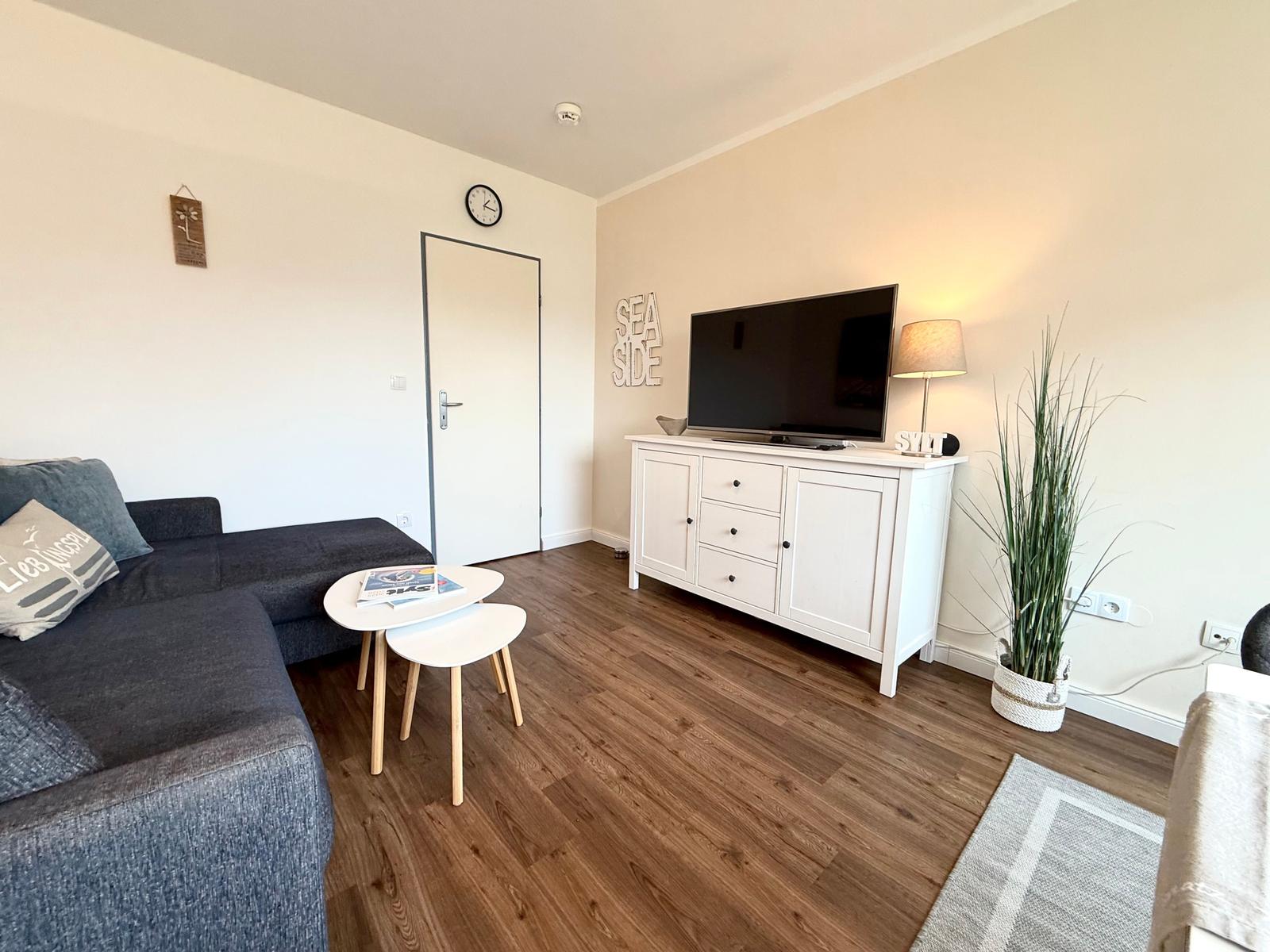 Wohnzimmer mit Sofa, TV-Schrank und Holzboden